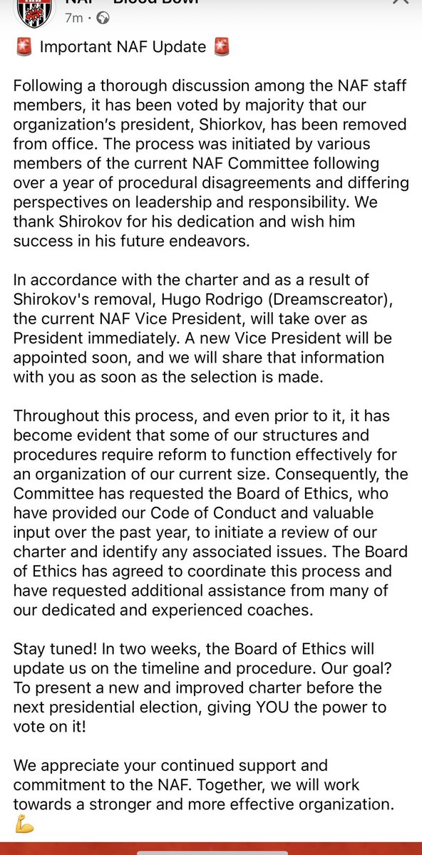 Big NAF news. Shirokov, NAF President, has been removed from his position. 

#bloodbowl