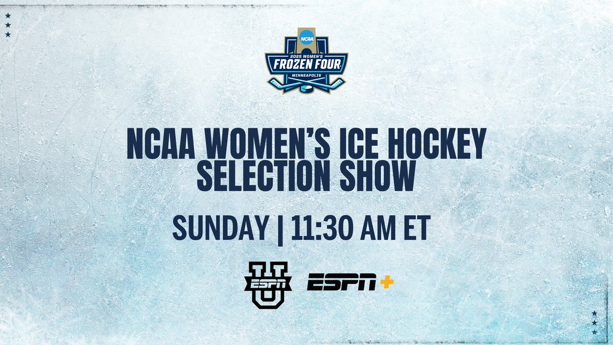 ESPN PR (@espnpr) on Twitter photo Sunday, catch the #NCAA Women’s Ice Hockey Selection Show with <a href="/Arda/">ᴀʀᴅᴀ Öᴄᴀʟ</a>, <a href="/AngelaRuggiero/">Angela Ruggiero</a> & <a href="/paige_cap21/">Paige Capistran</a> as they break down the matchups for the title run
🏒 11:30a ET | ESPNU, ESPN+ Sunday, catch the #NCAA Women’s Ice Hockey Selection Show with <a href="/Arda/">ᴀʀᴅᴀ Öᴄᴀʟ</a>, <a href="/AngelaRuggiero/">Angela Ruggiero</a> & <a href="/paige_cap21/">Paige Capistran</a> as they break down the matchups for the title run
🏒 11:30a ET | ESPNU, ESPN+