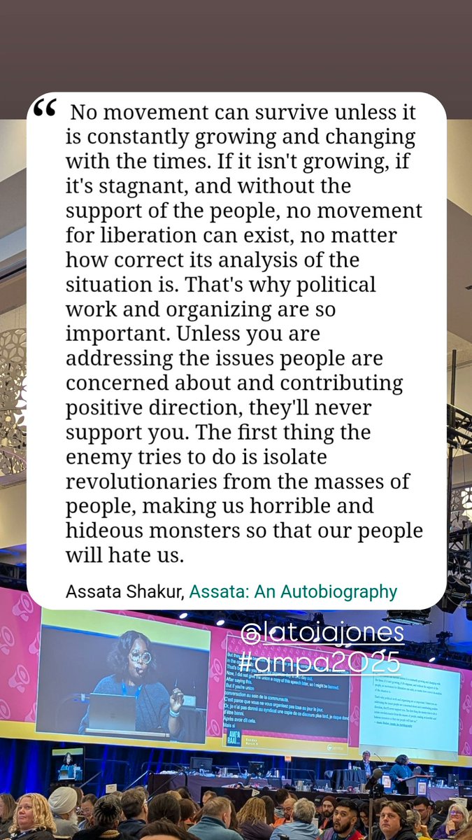 Laura Wheeler (@wheeler_laura) on Twitter photo "The first thing the enemy tries to do is isolate revolutionaries from the masses of people, making us horrible and hideous monsters so that our people will hate us."
- Assata Shakur, Assata: An Autobiography"
<a href="/latoiajones/">LaToia Jones</a>
<a href="/OSSTFD25TBU/">OSSTF D25 TBU</a> <a href="/osstf/">OSSTF Communications</a> #ampa2025 "The first thing the enemy tries to do is isolate revolutionaries from the masses of people, making us horrible and hideous monsters so that our people will hate us."
- Assata Shakur, Assata: An Autobiography"
<a href="/latoiajones/">LaToia Jones</a>
<a href="/OSSTFD25TBU/">OSSTF D25 TBU</a> <a href="/osstf/">OSSTF Communications</a> #ampa2025