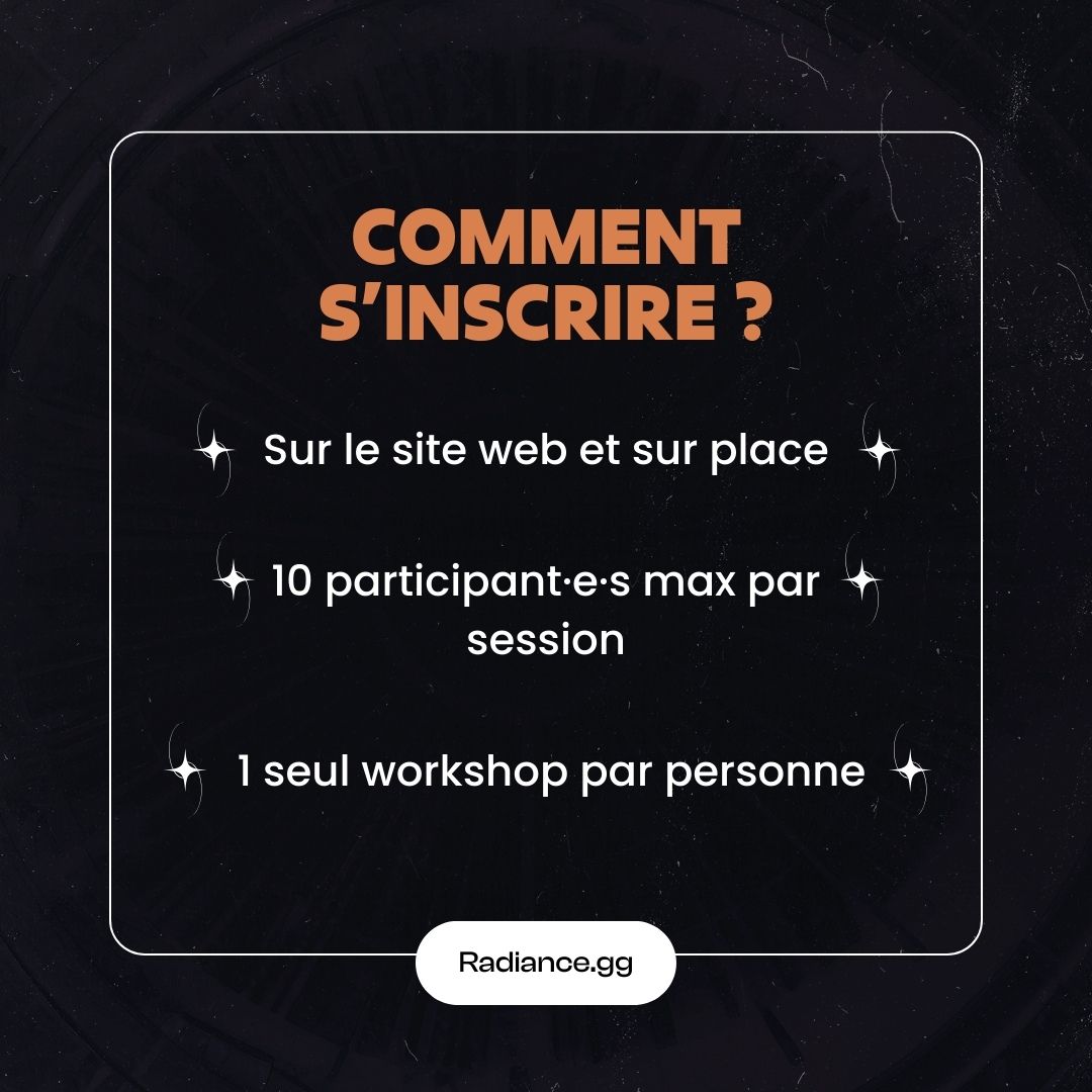 🎯 Trois workshops à #Radiance le 15 mars !

   ✨ Gestion d’une team esport
   🎮 Création de contenu
   🚀 Trajectoire entrepreneuriale

⏰ 14h15-15h | Inscription en ligne ou sur place (10 places/workshop), Bruxelles : radiance.gg/workshop