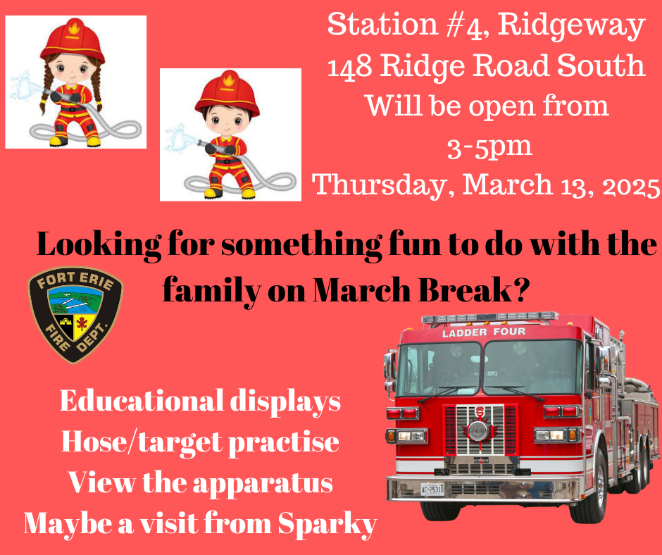 Fort Erie Fire Department's Station 4 in Ridgeway will be open on Thursday, March 13 for an Open House from 3-5pm
Drop by and say hi