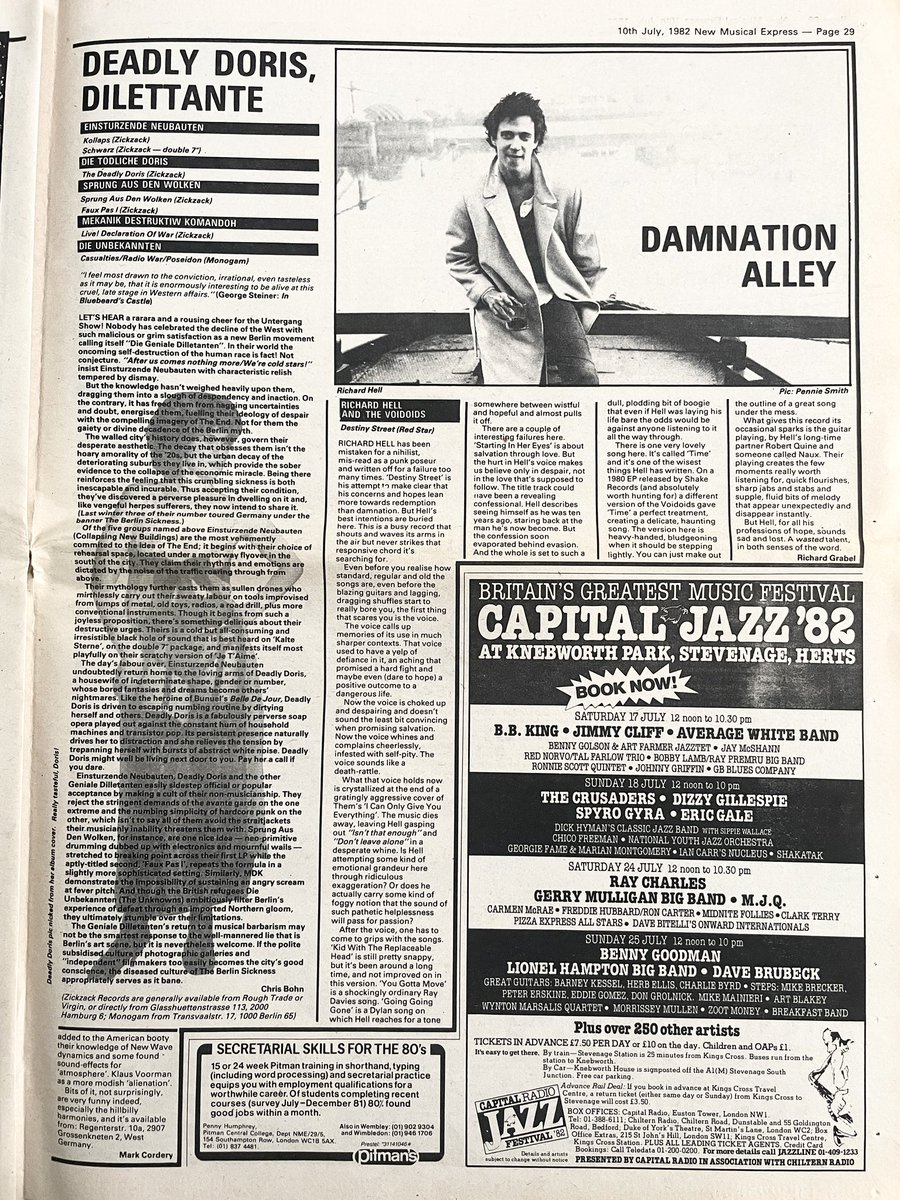 Richard Hell &amp; The Voidoids, The Blue Orchids, Blurt, Nina Hagen, James Brown, Jimi Hendrix, Einsturzende Neubauten, Die Todliche Doris, Sprung Aus Den Wolken, Trio, more.
LP reviews, New Musical Express, 10 July 1982.
<a href="/bibakopf/">Biba Kopf</a>