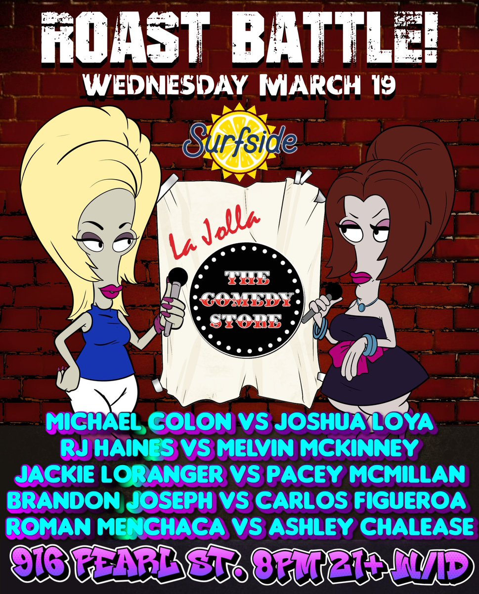 Coming up <a href="/ComedyStoreLJ/">ComedyStoreLJ</a> Wednesday, March 19th! <a href="/RoastBattle/">Roast Battle</a> returns to San Diego with 4 fresh battles and special guest judge <a href="/MaddiMays/">Maddi Mays</a> + house judges <a href="/racebanning/">Brian Moses</a> &amp; <a href="/MikeVinnComic/">Mike Vinn</a>! Tickets &gt;&gt;&gt; showclix.com/event/roast-ba… #roastbattle #sandiego #thecomedystore