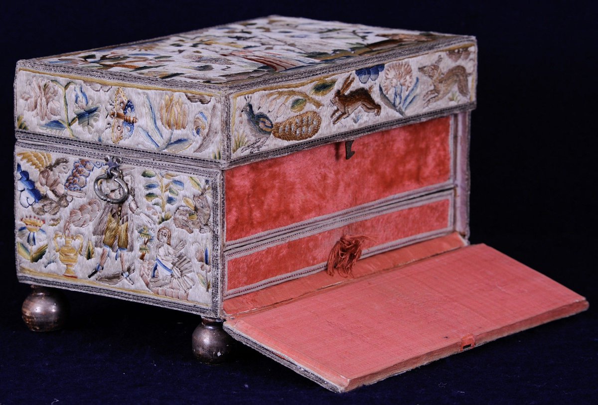 Witney_Antiques's tweet image. Currently in the shop is this lovely casket in great condition. This small casket and two accompanying samplers were worked by a girl with the initials ‘RT’ in the 1650s. It has a drop down front and its exterior illustrates a courting couple and a variety of Biblical narratives
