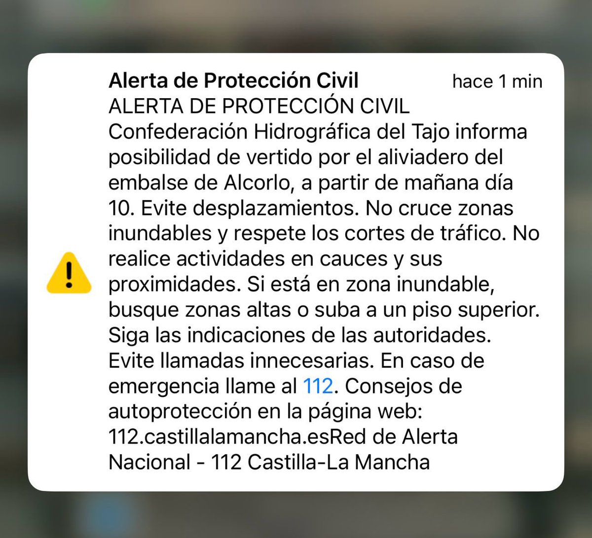 A las 20:15 de hoy 09/03/2025, ante las previsiones de desembalses, la Direccion del Plan actualiza su situacion operativa activada. En consecuencia, declara el PRICAM activado en fase de Emergencia Situacion Operativa 1 en las provincias de Guadalajara y Toledo. Emergencias 112