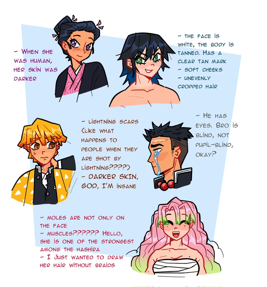 wake up mommy, i finally drew flying heads

anyway i wanted to show some headcanons/things that i thought would be more interesting

maybe I'll draw the others later

#kny #kimetsunoyaiba #DemonSlayer