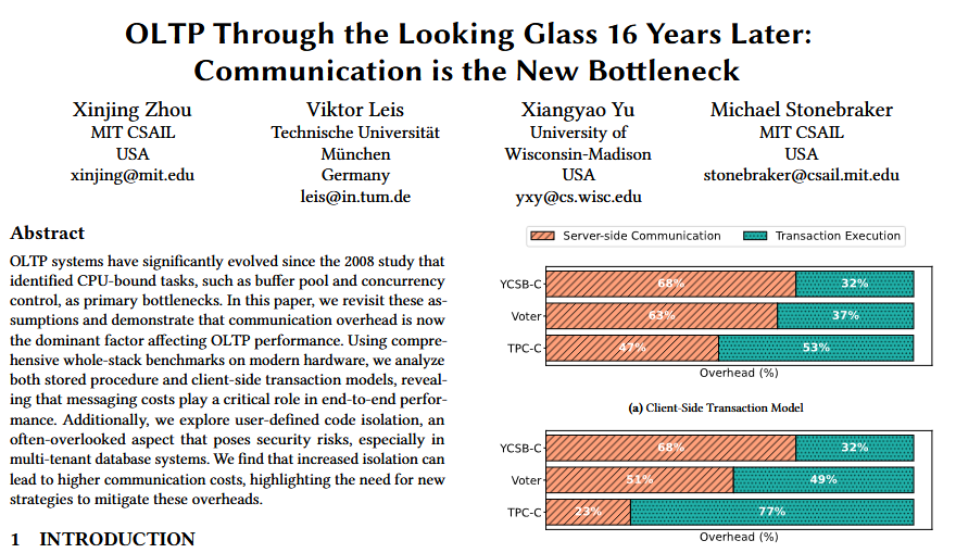 petereliaskraft's tweet image. What does your database spend all its time doing?

This paper is a sequel to a classic 2008 study by database legend Mike Stonebraker. Back then, they examined the performance of database queries and found they spent less than 10% of their time doing useful work, and the rest…