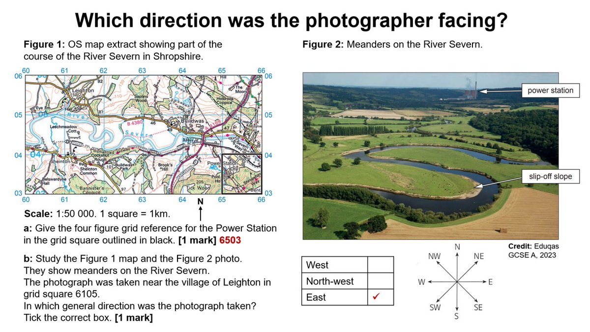 Which direction was the photographer facing? This is the most helpful example I can find for this type of question which many students find tricky. Meanders with the power station in the background - must be looking east. Credit: Eduqas. Link above. #geography #geographyteacher