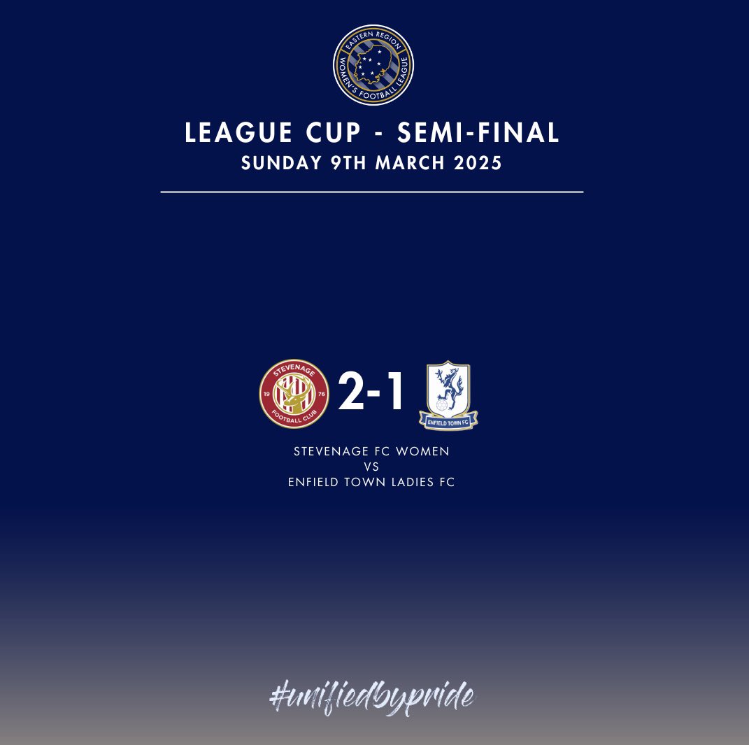 Eastern Region Women's Football League (@erwfle) on Twitter photo 𝙇𝙀𝘼𝙂𝙐𝙀 𝘾𝙐𝙋 𝘼𝘾𝙏𝙄𝙊𝙉
Congratulations to <a href="/StevenageFCW/">Stevenage FC Women</a> for getting to the final of the League Cup after beating <a href="/EnfieldTownLFC/">Enfield Town Ladies FC</a> at home!
#UnifiedByPride 𝙇𝙀𝘼𝙂𝙐𝙀 𝘾𝙐𝙋 𝘼𝘾𝙏𝙄𝙊𝙉
Congratulations to <a href="/StevenageFCW/">Stevenage FC Women</a> for getting to the final of the League Cup after beating <a href="/EnfieldTownLFC/">Enfield Town Ladies FC</a> at home!
#UnifiedByPride