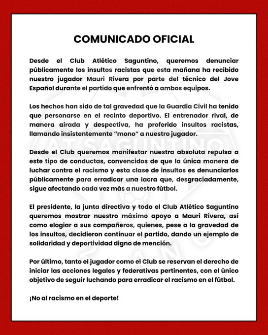 RadioMARCA's tweet image. ❌Nuevo episodio RACISTA en el fútbol español

El @AtcoSaguntino denuncia unos lamentables actos de racismo sobre uno de los jugadores, Mauri Rivera, del conjunto de la Comunidad Valenciana

¡ESTO NO ES FÚTBOL!

🔴#MARCADOR