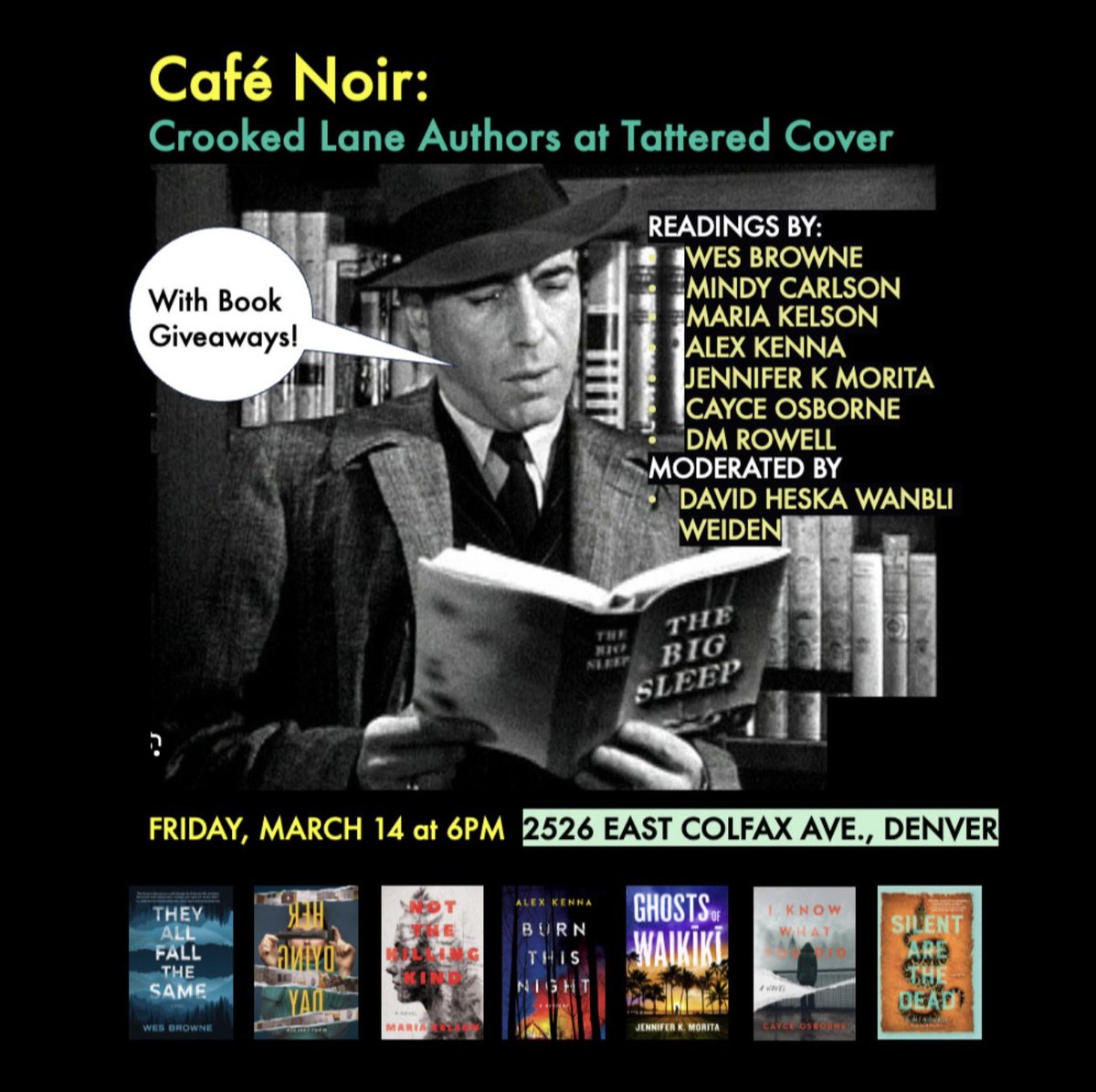 Going to Left Coast Crime? Join us Friday, March 14 at 6PM for readings by <a href="/crookedlanebks/">Crooked Lane Books</a>
 authors &amp; giveaways.   

Next, we'll go for drinks at Pete’s Satire Lounge - Jack Kerouac's old haunt.

<a href="/MKelsonAuthor/">Maria Melendez Kelson</a>,<a href="/jenniferkmorita/">Jennifer K. Morita - order GHOSTS OF WAIKĪKĪ</a>,<a href="/CayceOsborne/">Cayce Osborne</a>
, <a href="/DMRowellAuthor/">D. M. Rowell</a> <a href="/TatteredCover/">Tattered Cover Book Store</a>