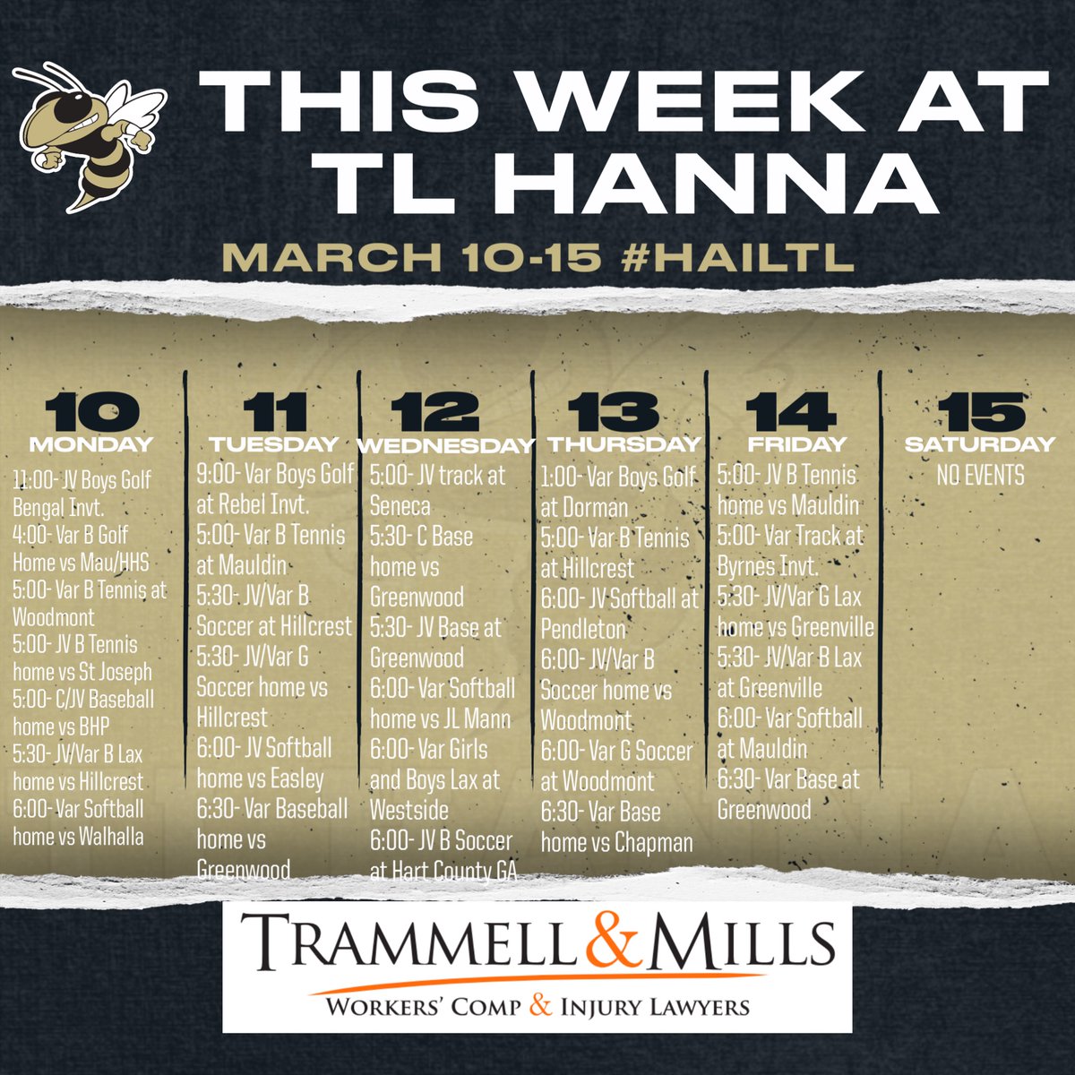 TL Hanna Sports Updates (@tlh_updates) on Twitter photo This Week in TL Hanna Sports, presented by Trammell and Mills Law Firm. It is a busy week at TL Hanna High School as the spring sports season hits the first full week of action. Pick a day and a time and stop by Hanna and someone will be playing! <a href="/TLHanna_AD/">Thomas Bell</a> This Week in TL Hanna Sports, presented by Trammell and Mills Law Firm. It is a busy week at TL Hanna High School as the spring sports season hits the first full week of action. Pick a day and a time and stop by Hanna and someone will be playing! <a href="/TLHanna_AD/">Thomas Bell</a>