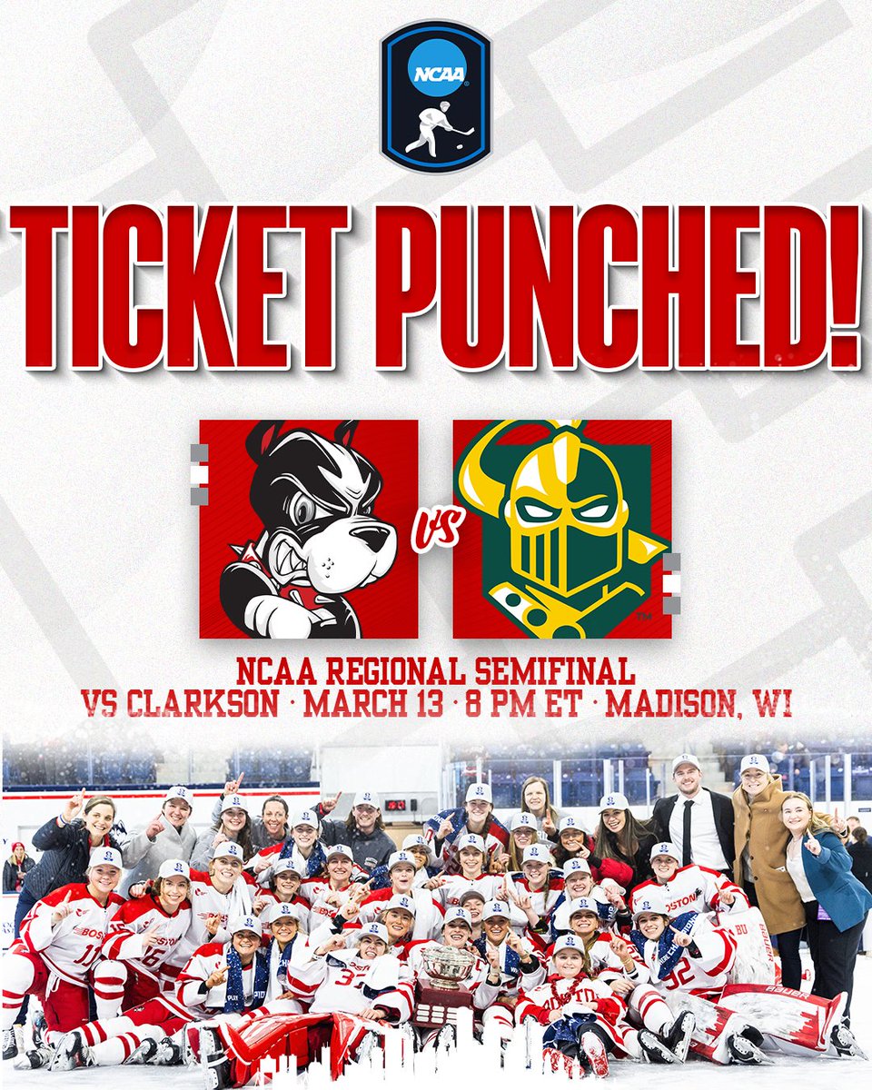 TerrierWHockey's tweet image. Ticket Punched 🎟️ We&apos;ll face Clarkson in the NCAA Regional Semifinal on Thursday!

#GoBU