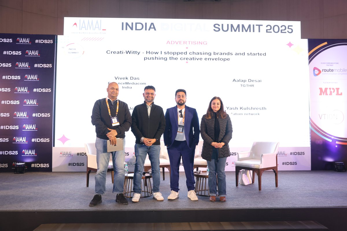Creati-Witty: How I Stopped Chasing Brands and Started Pushing the Creative Envelope was an engaging panel discussion at #IDS25, moderated by Ms. Shailja Joshi. The session featured insightful conversations with Mr. Aalap Desai, Mr. Yash Kulshresth, &amp; Mr. Vivek Das.
