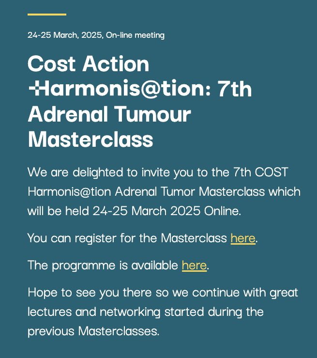 goharmonisation's tweet image. 📣7th Adrenal Tumor Masterclass taking place ONLINE is fast approaching! Register to secure your place and listen to top notch talks in the field of adrenal tumors, adrenocortical carcinoma, PPGL, MACS ‼️
goharmonisation.com/events/