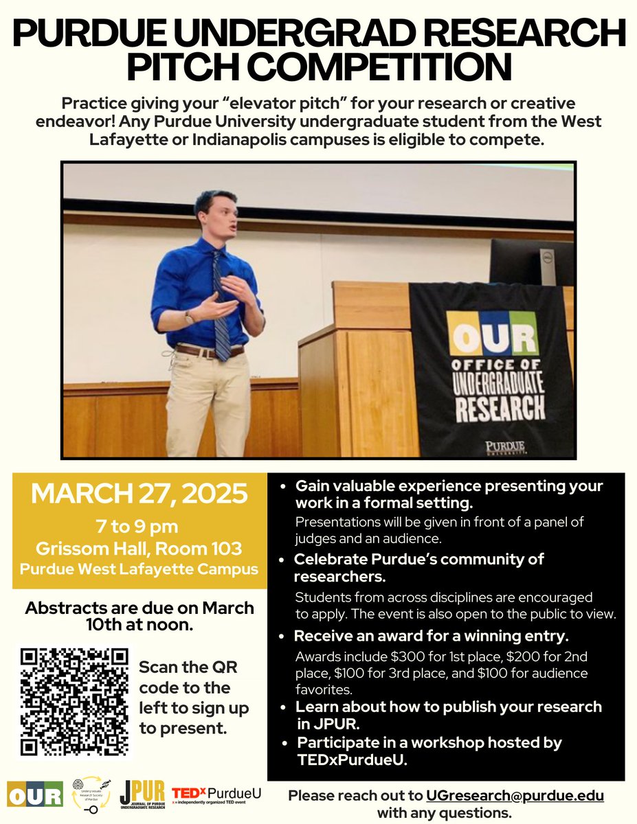 JPUR (@researchpurdue) on Twitter photo The Purdue Undergraduate Research Pitch Competition is coming up soon! The deadline to apply to present is tomorrow. The event on March 27th is also open to the public so feel free to stop by to watch the pitches, participate in a TEDxPurdueU workshop, and talk with JPUR. The Purdue Undergraduate Research Pitch Competition is coming up soon! The deadline to apply to present is tomorrow. The event on March 27th is also open to the public so feel free to stop by to watch the pitches, participate in a TEDxPurdueU workshop, and talk with JPUR.