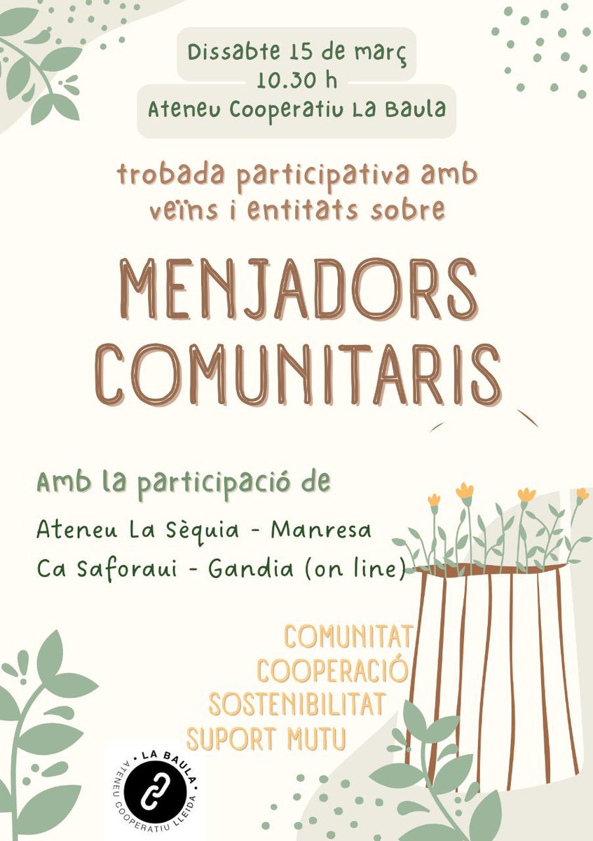 🍽️ Vine a dir la teva sobre MENJADORS COMUNITARIS

Dissabte 15 de març ens trobem a la Baula en una trobada participativa amb veïnat i entitats sobre menjadors comunitaris.

👉🏼 Hi participaran també @AteneuLaSequia (Manresa) i <a href="/ca_saforaui/">Ca Saforaui</a> (Gandia)

#FemAteneu #FemBaula