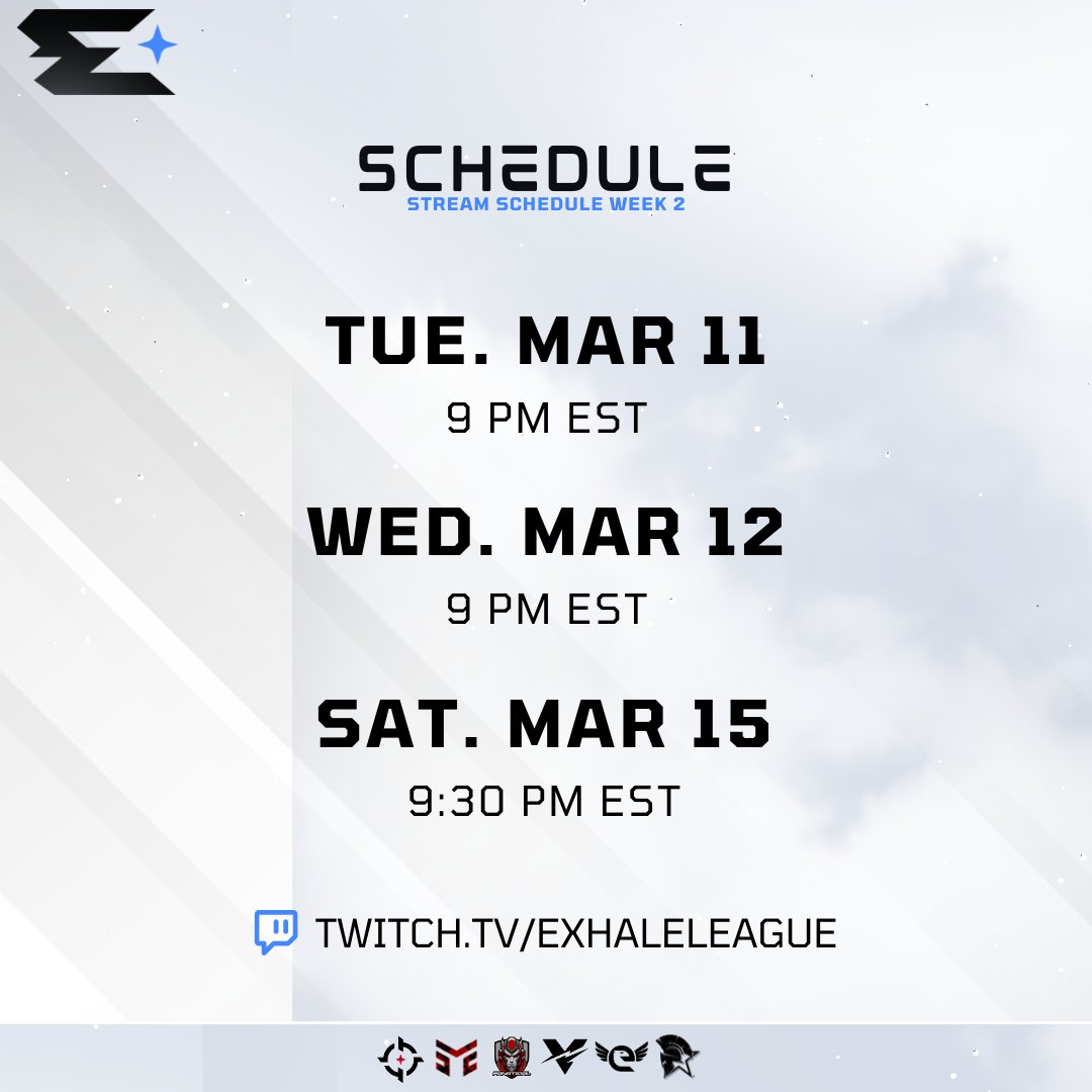 Exhale Competitive League (@exhaleleague) on Twitter photo 🚨LIVE STREAM TIMES🚨
Interested in being on the Main Stream?
‼️ Now is your opportunity! ‼️
All times are currently available!
👾 twitch.tv/exhaleleague
Tuesday, March 11th Duo:
<a href="/TheeHyperactive/">Hyperactive</a>
<a href="/Skavyy_/">Will</a>
Wednesday, March 12th Duo:
<a href="/GrafTheGiraffe/">GrafTheGiraffe</a>
<a href="/korps_caster/">Korps_12</a> 🚨LIVE STREAM TIMES🚨
Interested in being on the Main Stream?
‼️ Now is your opportunity! ‼️
All times are currently available!
👾 twitch.tv/exhaleleague
Tuesday, March 11th Duo:
<a href="/TheeHyperactive/">Hyperactive</a>
<a href="/Skavyy_/">Will</a>
Wednesday, March 12th Duo:
<a href="/GrafTheGiraffe/">GrafTheGiraffe</a>
<a href="/korps_caster/">Korps_12</a>