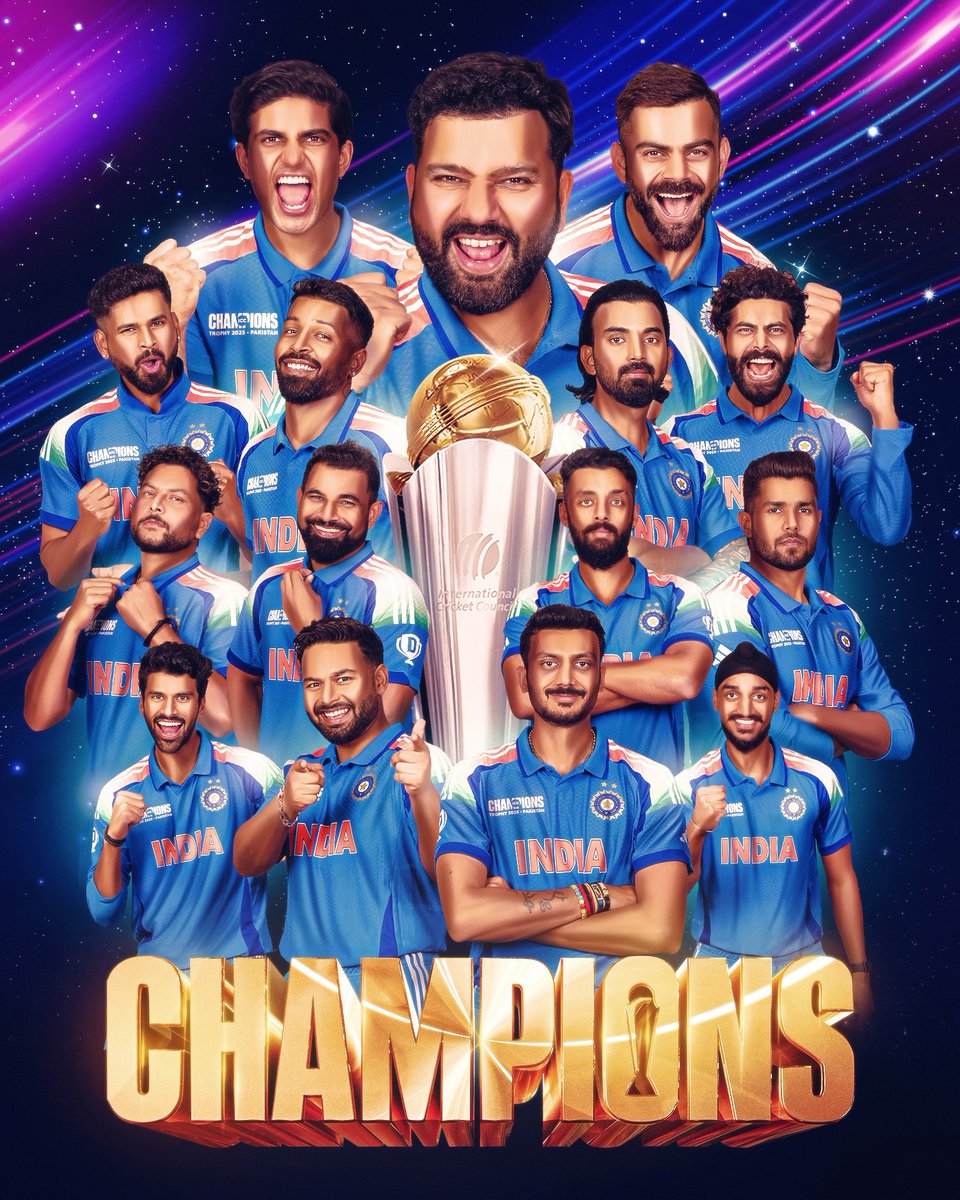 ऐतिहासिक विजय...
चैंपियंस का अभिनंदन! देश वासियों को हार्दिक बधाई!
चैंपियंस ट्रॉफी जीतकर विजय के रंगों से त्योहारों की बेला को और अधिक रंगमय, उल्लासमय बनाने वाली भारतीय क्रिकेट टीम के हर खिलाड़ी पर देश को गर्व है।  चैम्पियंस ट्रॉफी 2025 में भारतीय क्रिकेट टीम को ऐतिहासिक जीत पर