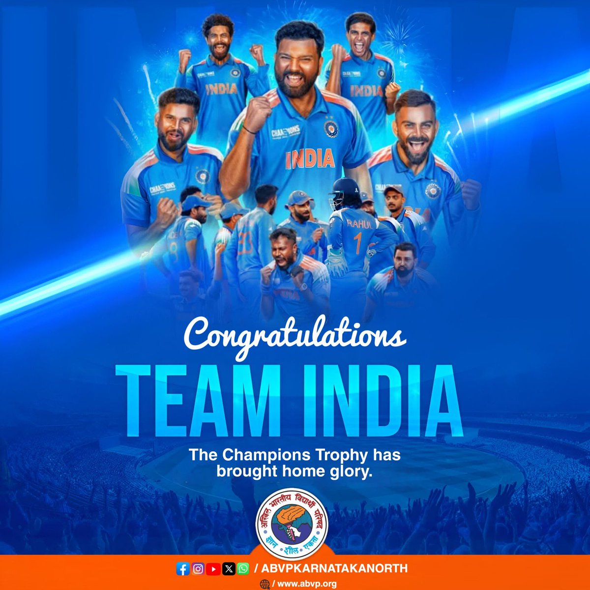 sumanth_nt's tweet photo. 𝘈𝘢 𝘨𝘢𝘺𝘢 𝘴𝘸𝘢𝘢𝘥 𝘾𝙃𝘼𝙈𝙋𝙄𝙊𝙉𝙎 𝙒𝘼𝙇𝙄 𝙁𝙀𝙀𝙇𝙄𝙉𝙂 𝘬𝘢! 💙🇮🇳

Congratulations @BCCI on winning the ICC #ChampionsTrophy for the third time! 🏆🏆🏆

#ChampionsTrophyOnJioStar #INDvNZ https://t.co/6DVvnQk5Ox