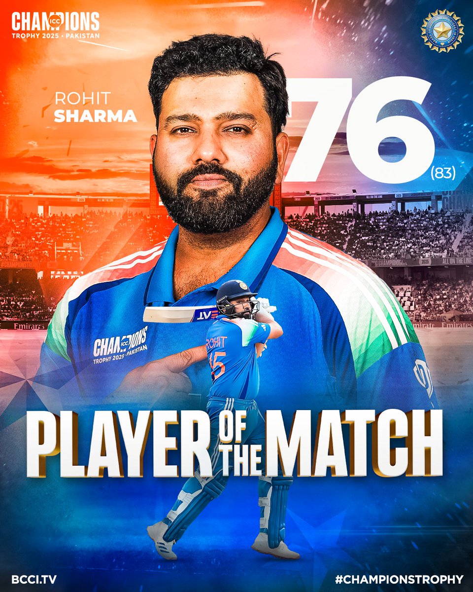 BCCI (@bcci) on Twitter photo Captain <a href="/ImRo45/">Rohit Sharma</a> leading from the front!
He is adjudged Player of the Match for his match winning knock of 76 runs as #TeamIndia win the Champions Trophy ๐๐ Captain <a href="/ImRo45/">Rohit Sharma</a> leading from the front!
He is adjudged Player of the Match for his match winning knock of 76 runs as #TeamIndia win the Champions Trophy ๐๐