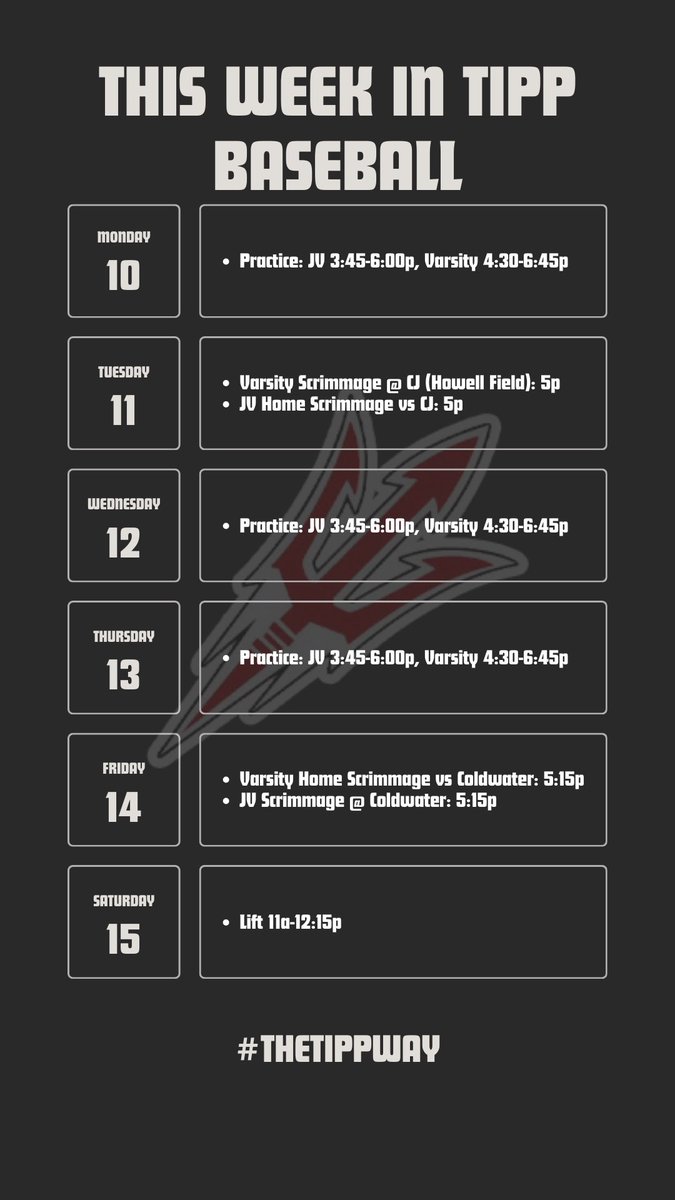 Coming up This Week in Red Devil Baseball!

First two scrimmages have been moved up to this week to take advantage of the great forecast.

Looking forward to competing against two high level programs!

#theTIPPway