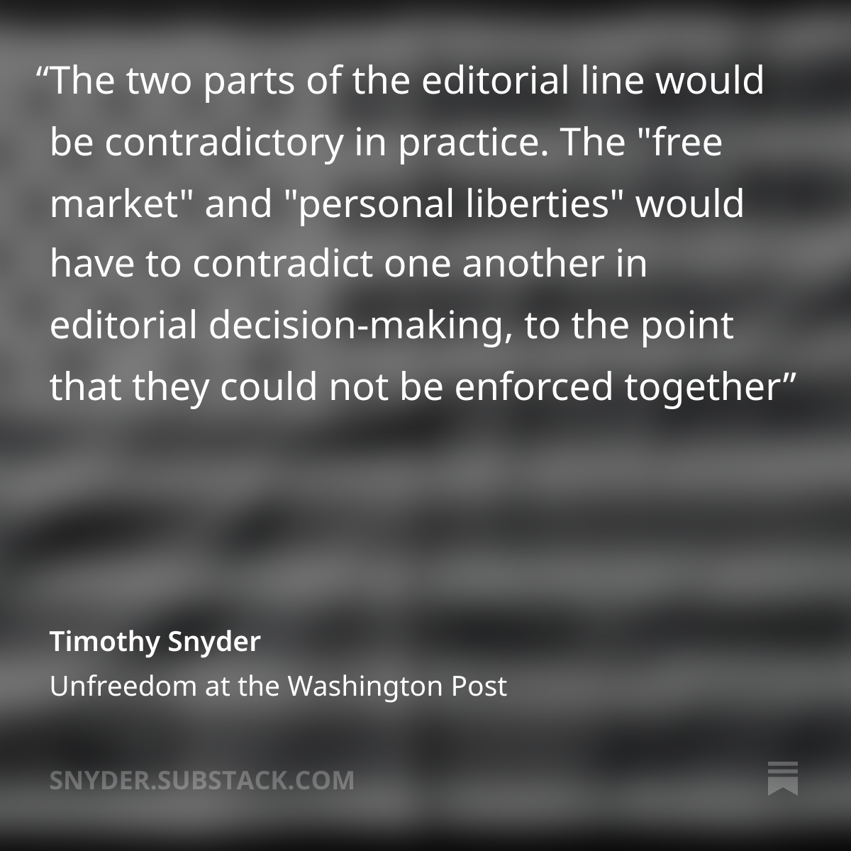 "Unfreedom at the Washington Post: How an editorial line fosters authoritarianism"
In this essay, I address the flawed logic of Bezos' WaPo editorial line to publish "in support and defense of two pillars: personal liberties and free markets"
Essay via link in image or profile