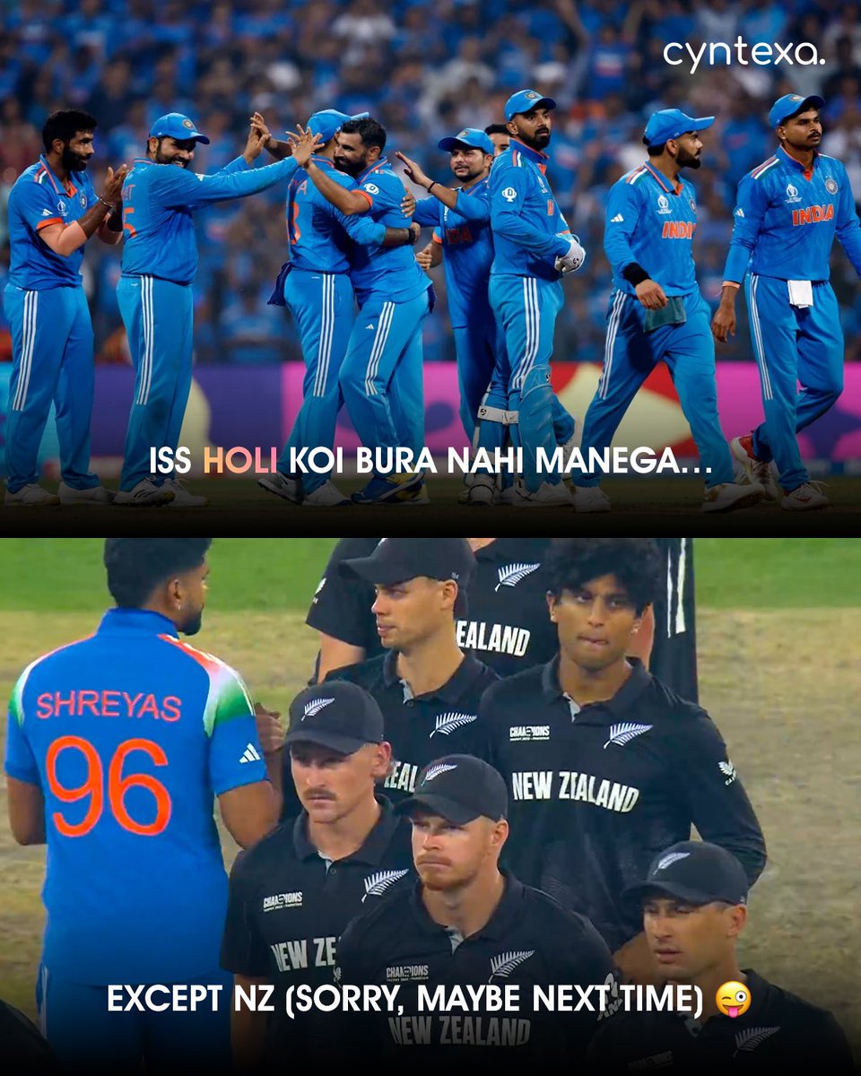 Holi came early for India—painted the trophy blue! 🏆💙🇮🇳 Thank you, Team India, for making this Holi extra special!

#ChampionsTrophy2025 #INDvNZ