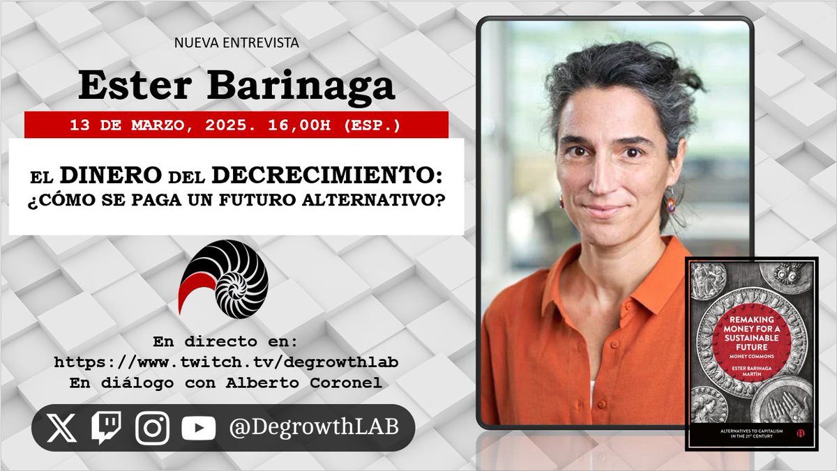 DegrowthLAB's tweet image. Este jueves entre las 16h. y las 17,30h estremos hablando con Ester Barinaga sobre dinero, decrecimiento y crisis ecosocial.
En diálogo con @AlbertoCoronelT,
Puedes seguir la conversación desde nuestro canal de Twitch: m.twitch.tv/degrowthlab/ho…
¡Salvemos lo posible! 🌍🐌