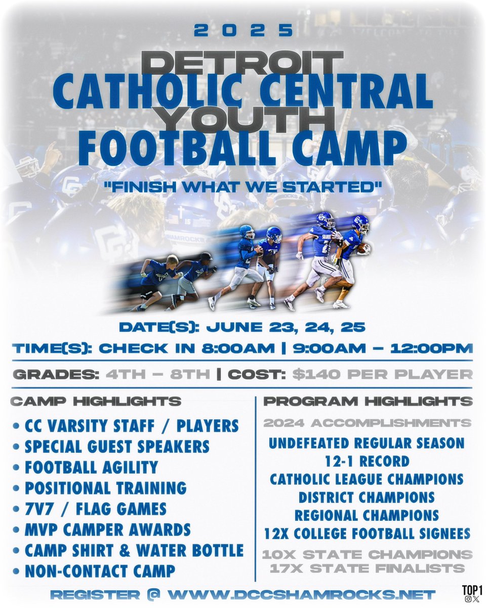 2025 Detroit CC Youth Football Camp! Experience the Staff, Players &amp; Culture of CC Football! Register at dccshamrocks.net! #WeAreCC