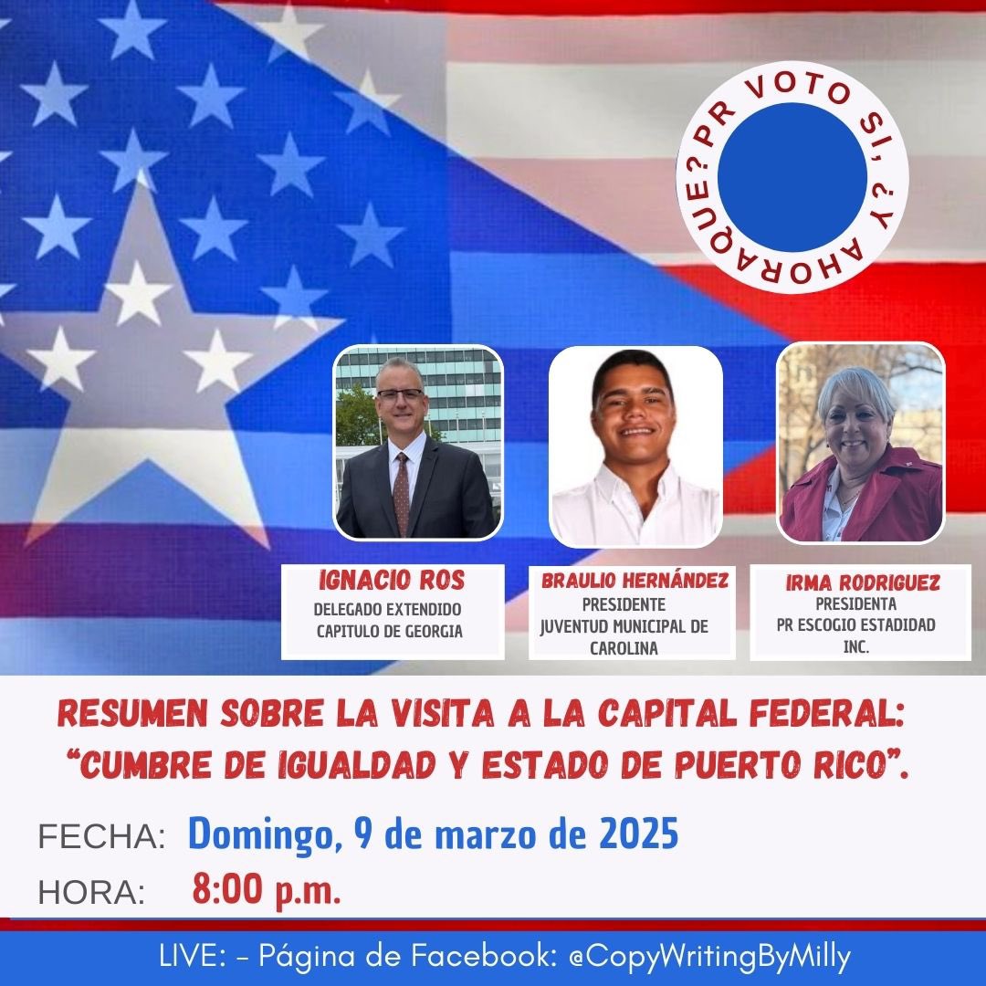 Copywritingbymilly (@copywritingby) on Twitter photo 🇵🇷🇺🇸 -Te esperamos #hoy en el foro virtual: PR voto Sí, ¿Y ahora qué?
🗓️ - 9 de marzo de 2025
⏰ - 8:00 p.m.
🔹Tema: Resumen sobre la visita a la Capital Federal: “Cumbre de Igualdad y Estado de Puerto Rico”.
<a href="/Ignaciorospr/">Ignacio Ros</a> <a href="/irma_rodri/">Irma 🇵🇷🇺🇸</a>
<a href="/TuitEstadistas/">#PREscogioEstadidad #Sociedad Civil Estadista</a> <a href="/lucyarce51/">Lucy Arce</a> 🇵🇷🇺🇸 -Te esperamos #hoy en el foro virtual: PR voto Sí, ¿Y ahora qué?
🗓️ - 9 de marzo de 2025
⏰ - 8:00 p.m.
🔹Tema: Resumen sobre la visita a la Capital Federal: “Cumbre de Igualdad y Estado de Puerto Rico”.
<a href="/Ignaciorospr/">Ignacio Ros</a> <a href="/irma_rodri/">Irma 🇵🇷🇺🇸</a>
<a href="/TuitEstadistas/">#PREscogioEstadidad #Sociedad Civil Estadista</a> <a href="/lucyarce51/">Lucy Arce</a>