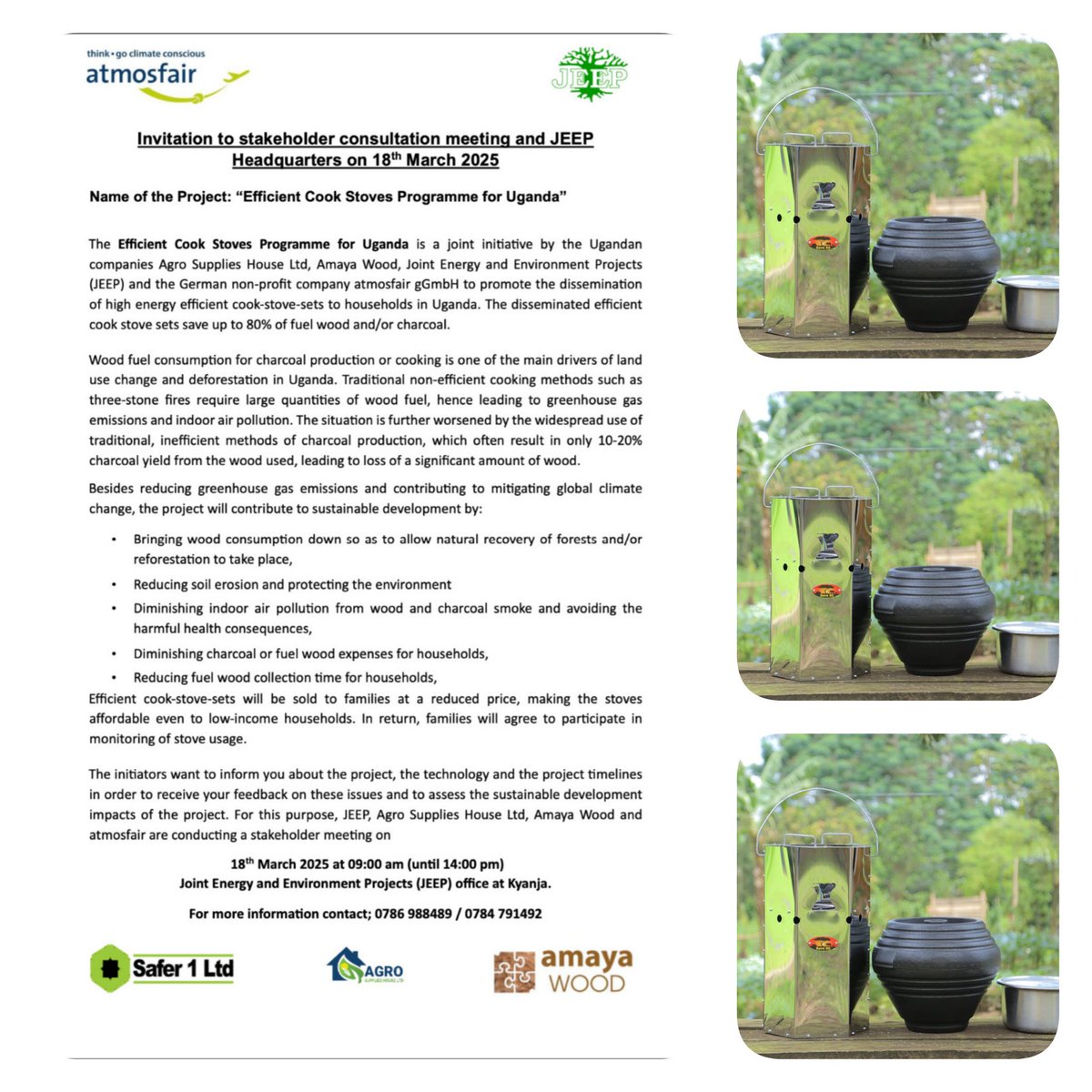 Join us for a stakeholder consultative meeting on the Efficient Cook stoves Programe for Ug
Venue:JEEP Folkecentr Kyanja
📅 18 Mar 2025
⏲️ 9am-14pm
Come discover &amp; learn about the Save80 innovative clean cooking tech
 <a href="/atmosfair/">atmosfair gGmbH</a> <a href="/MEMD_Uganda/">Ministry of Energy & Mineral Development</a> <a href="/min_waterUg/">MINISTRY OF WATER AND ENVIRONMENT 🇺🇬</a> @unacc4 <a href="/ugandacoalition/">ugandacoalition</a>