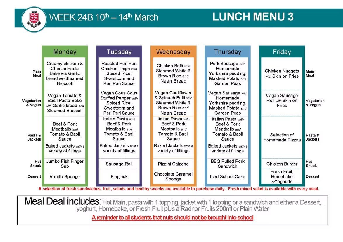 Lunch menu <a href="/PenistoneGS/">Penistone Grammar School</a> for week commencing Monday 10th March 😋