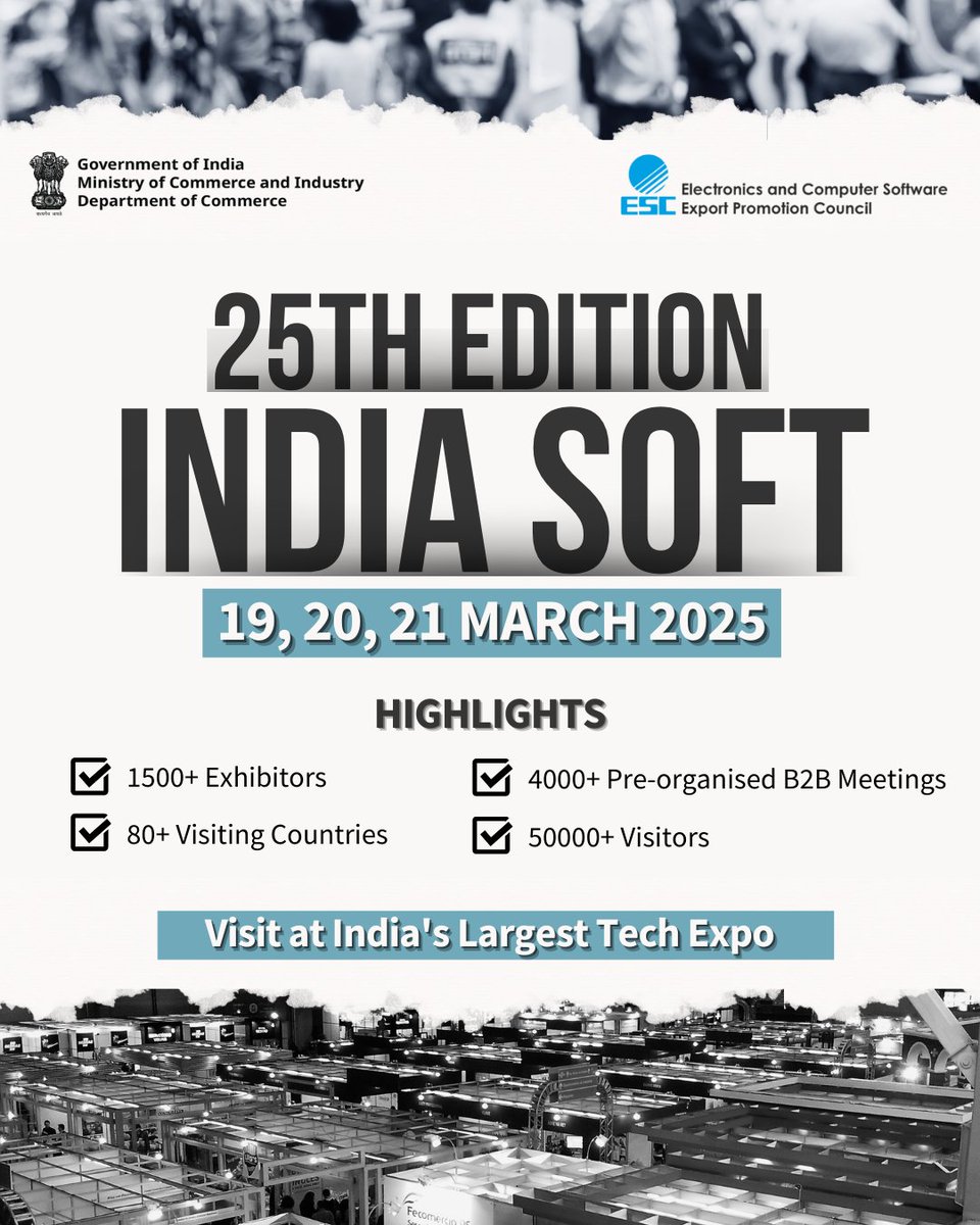 Bringing together 1500+ exhibitors from 80+ countries, 4000+ pre-organized B2B meetings, and 50,000+ visitors, INDIA SOFT is the  platform for global businesses to explore cutting-edge innovations in software and electronics.

 #DoC_GoI