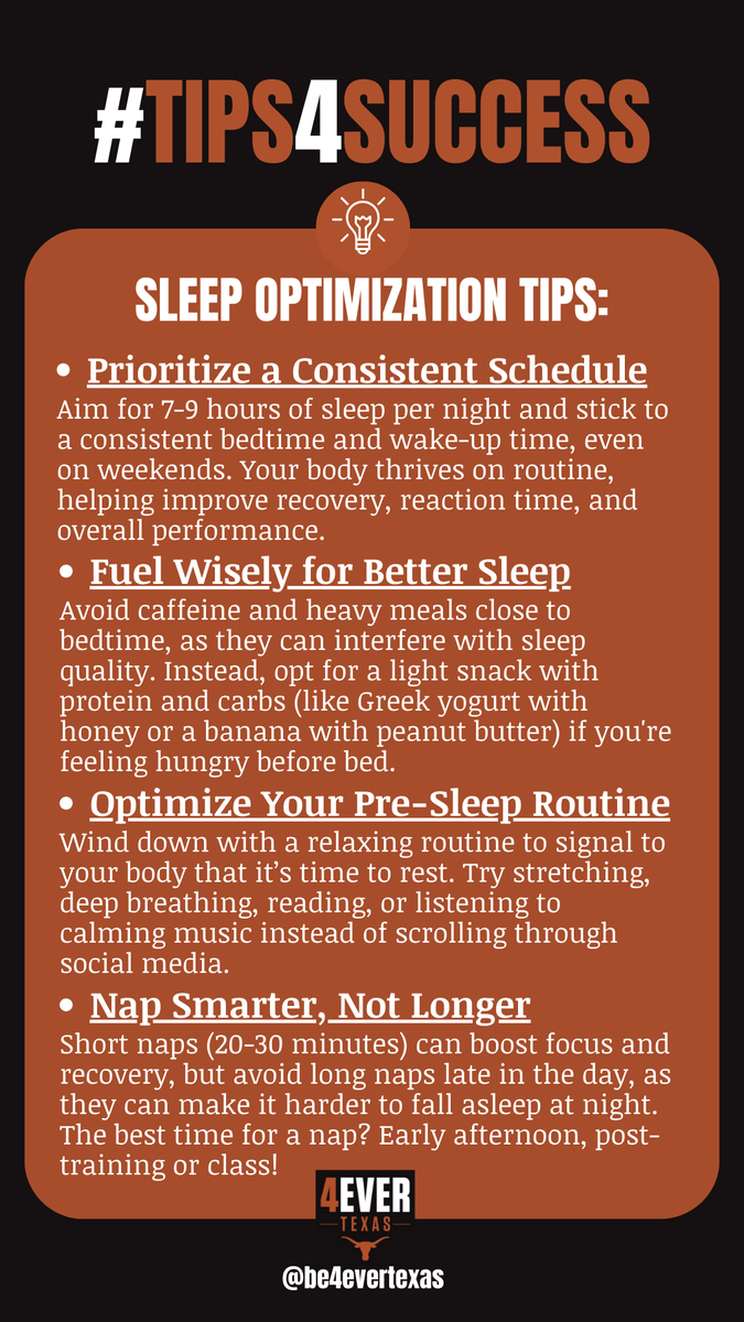 be4evertexas's tweet image. This week the @TexasLonghorns student-athletes learned about how to get sleep like a champion from the Texas Behavioral Health Team. Below are some tips learned.
