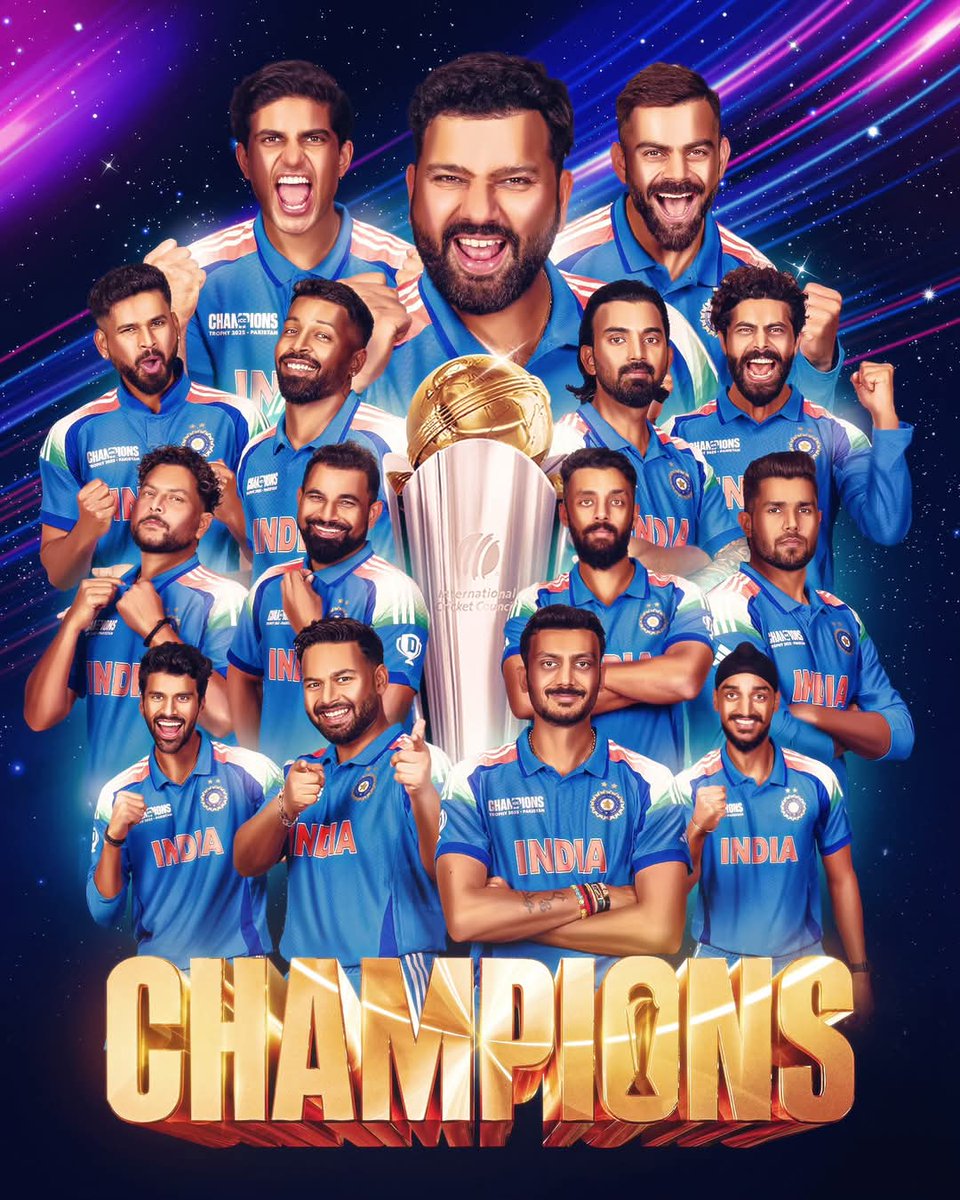 टीम इंडिया ने ICC Champions Trophy 2025 के फाइनल मुकाबले में न्यूजीलैंड को 4 विकेट से हराकर इतिहास रच दिया, यह जीत हर भारतीय के लिए गर्व का पल है!

धन्यवाद, चैंपियंस! 💙

#ChampionsTrophyWinner #TeamIndia #INDvNZ #Victory #ChakDeIndia #जय_हिंद 🇮🇳🔥

<a href="/ICC/">ICC</a> <a href="/BCCI/">BCCI</a> <a href="/ImRo45/">Rohit Sharma</a>