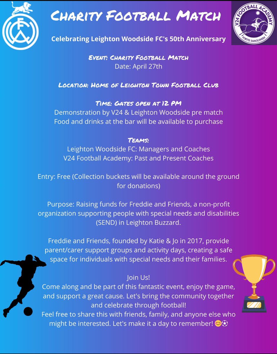 Leighton Woodside FC (@woodsidefc75) on Twitter photo Breaking news
Leighton Woodside are proud to announce as part of our 50 year celebrations, a charity football match with our partners and alongside our local community, please come along and support the day,
<a href="/LeightonTownFC/">Leighton Town FC</a>
v24footballacademy.com
Freddieandfriends.org Breaking news
Leighton Woodside are proud to announce as part of our 50 year celebrations, a charity football match with our partners and alongside our local community, please come along and support the day,
<a href="/LeightonTownFC/">Leighton Town FC</a>
v24footballacademy.com
Freddieandfriends.org