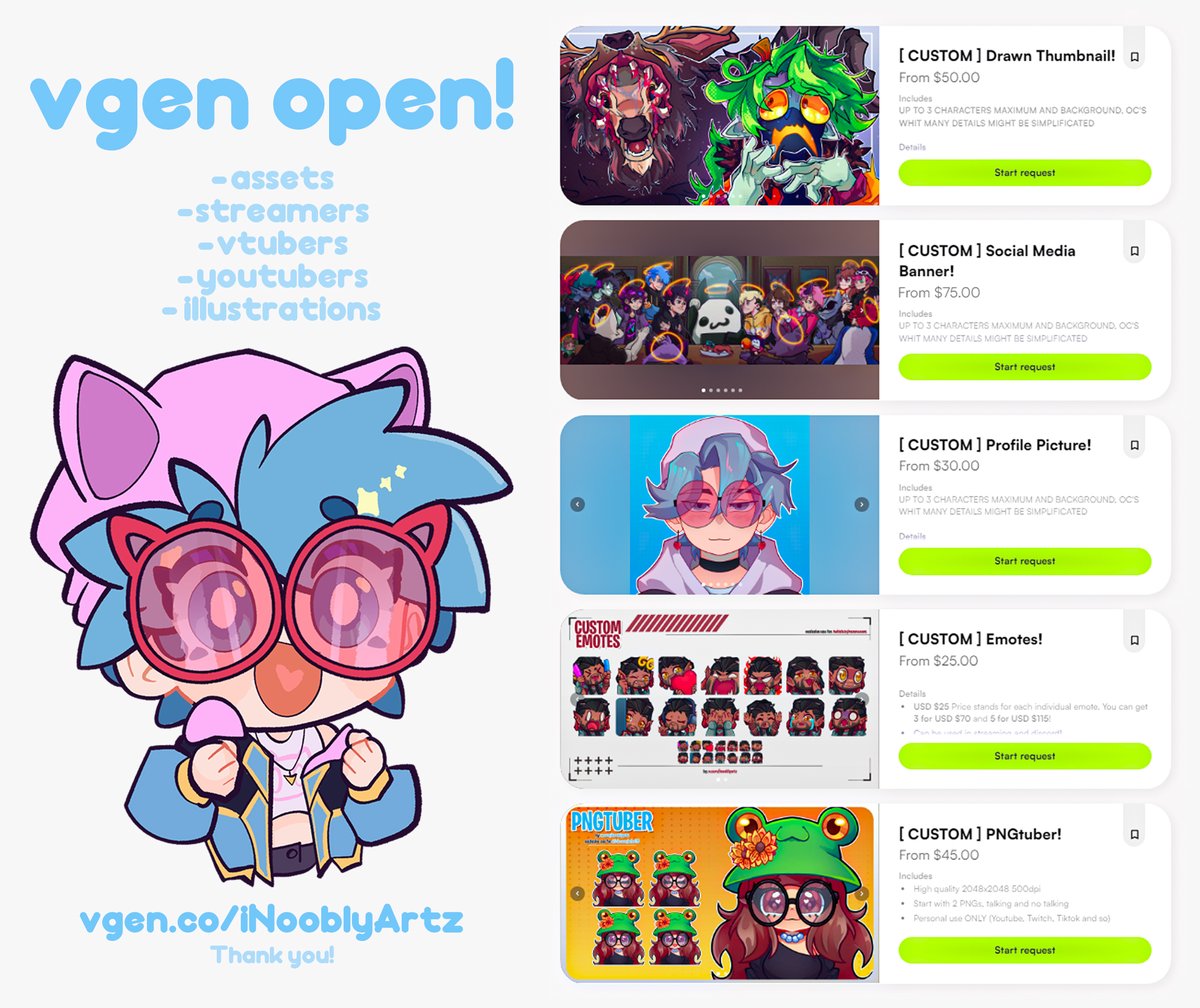 VGEN comms open! 🫰

 ⤷ order below!  
 ⤷Fast work!

 ♡ + ↻ very appreciated ☁️

/⁠ᐠ⁠｡⁠ꞈ⁠｡⁠ᐟ\ ｡⁠*ﾟ⁠+      
#opencommision #VGen #VGenComms #artist