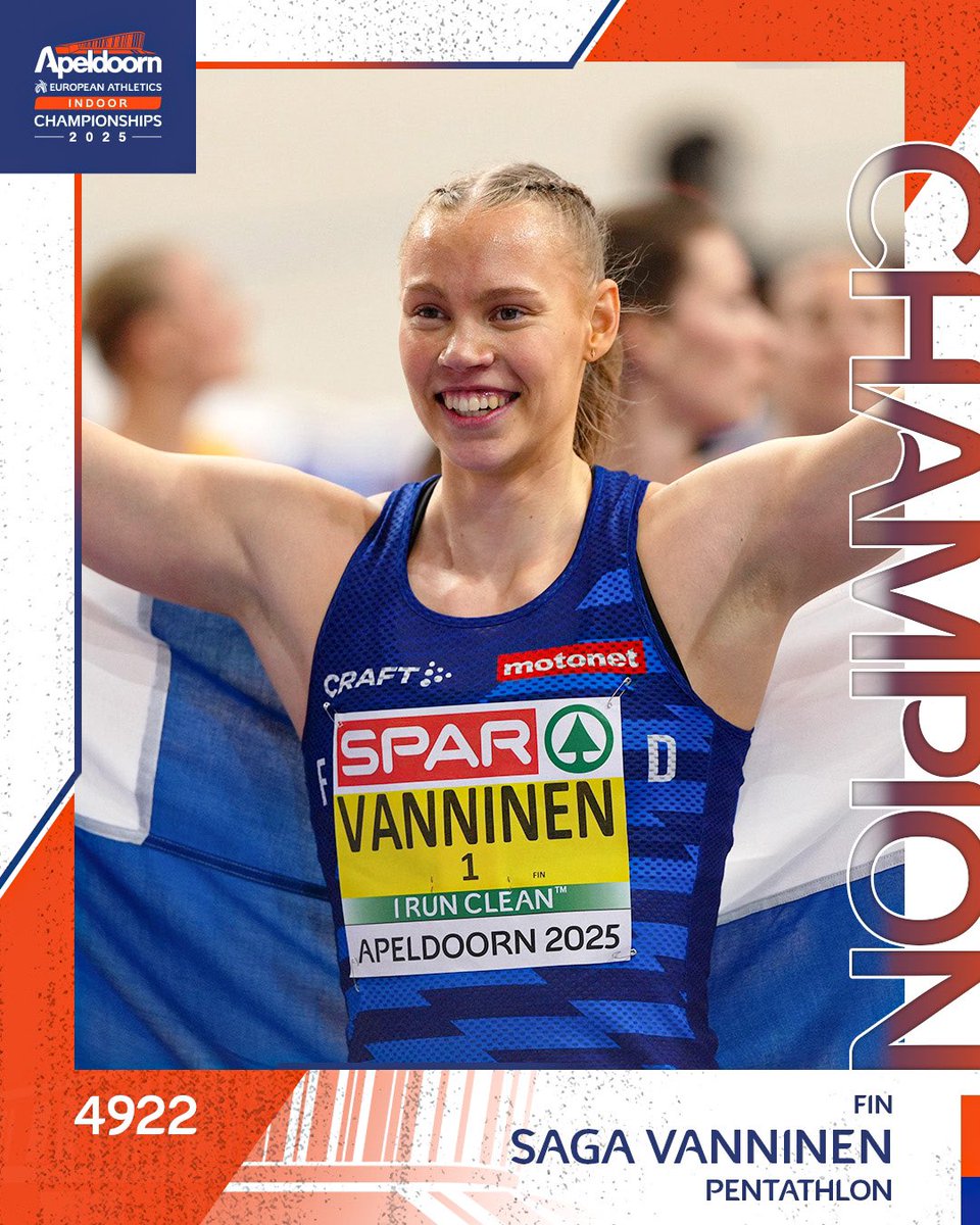 Super Saga! 🇫🇮🥇 

4️⃣9️⃣2️⃣2️⃣ points for Saga Vanninen to win pentathlon gold in #Apeldoorn2025!