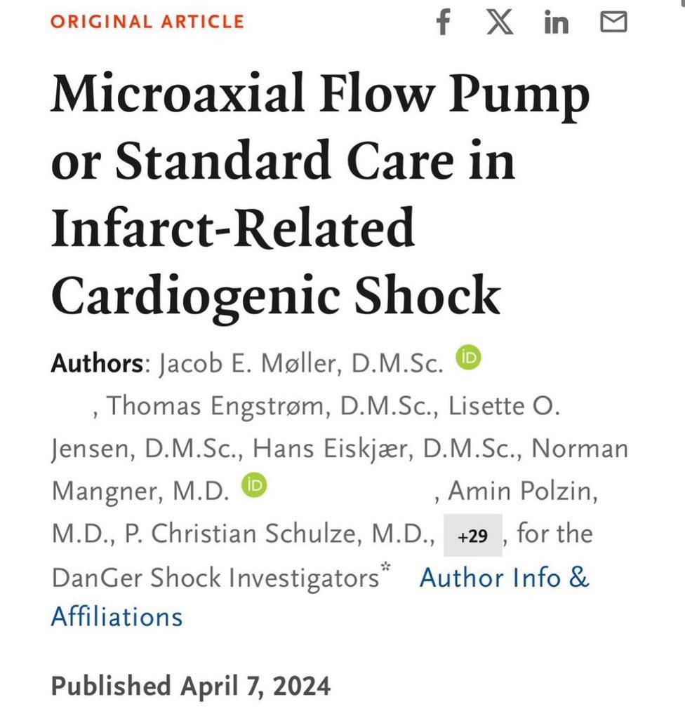 Impella for STEMI related cardiogenic shock? Standing as the first positive AMI-cardiogenic shock trial since the 90s, this trial showed decreased six-month mortality at the expense of bleeding/limb ischemia. DanGer Shock Trial, NEJM 2024 ♥️