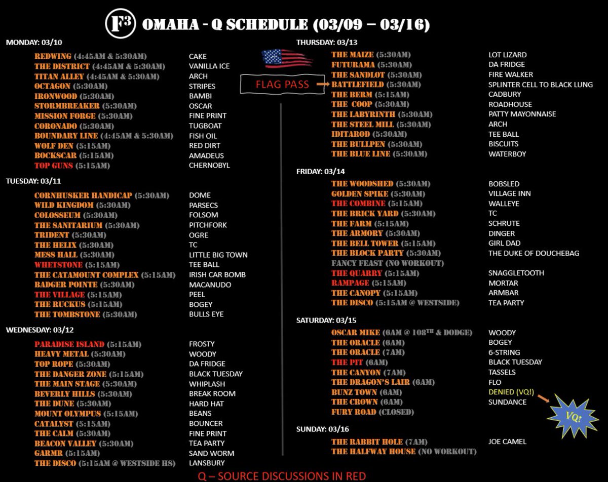 🚨 WEEK OF 3/10 Q SCHEDULE!

It’s FNG March Madness Baby!!!

VQ: Denied <a href="/F3BunzTown/">F3 Bunz Town</a>.

🇺🇸 Pass: Splinter Cell ➡️ Black Lung <a href="/f3_battlefield/">The Battlefield F3</a>. 

Pop-Up: 3/12 <a href="/f3thedisco/">@f3thedisco</a> (Westside HS) &amp; 3/16 6am @ Lake Zorinsky. 

#FreedToLead