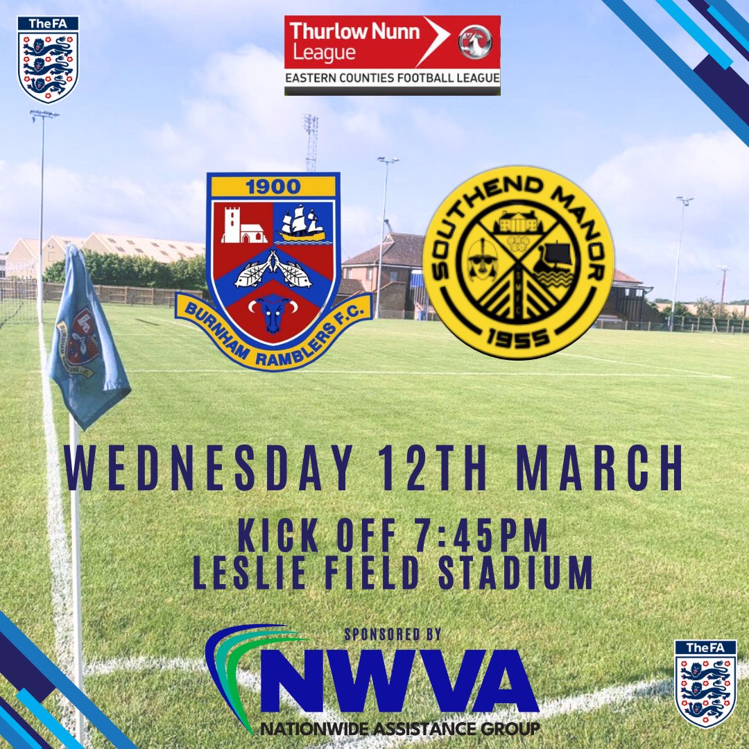 This Wednesday evening, our First Team clashes with Southend Manor at home.
Come down and show your support!! #UpTheRamblers #LocalFootball #MatchNight #SupportYourTeam