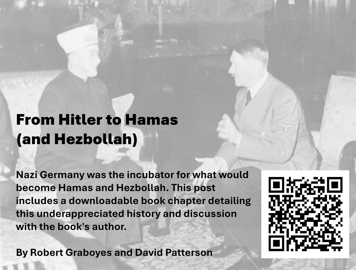 Robert_Graboyes's tweet image. My Substack today offers a PDF of Dr David Patterson’s concise history of Hamas’s historical and philosophical links to Nazi Germany—plus additional discussion. His account is a window onto a mindset that slaughters the likes of Shiri Bibas and her babies. graboyes.substack.com/p/from-hitler-…