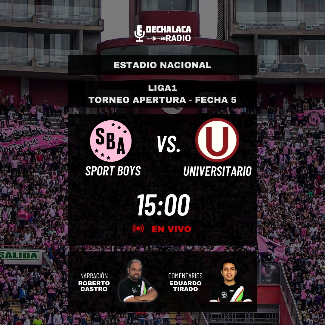 🇵🇪 #Liga1 - Torneo Apertura - fecha 5

En el clásico de la jornada, rosados y cremas se ven las caras en un partido que contará con doble hinchada 

Sport Boys 🆚 Universitario
🏟 Estadio Nacional

🎙 Narración: <a href="/rcastrolizarbe/">Roberto Castro</a> 
🗣 Comentarios: <a href="/EduardoTL/">Eduardo Tirado</a> 

🎧 ¡Escúchalo en