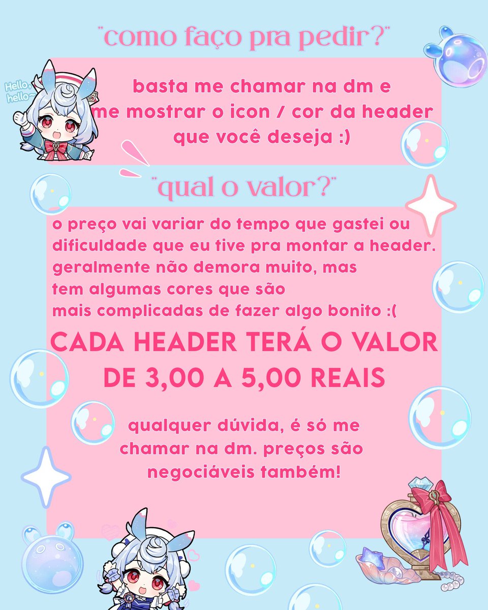 OII PESSOAL ! :D 

pra quem não sabe eu vendo header, e caso se interessem pelo que eu faço, sintam-se a vontade pra me chamar na DM e já pedir a sua!! 
Se puderem ajudar dando rt eu ficaria muito agradecida! 💌