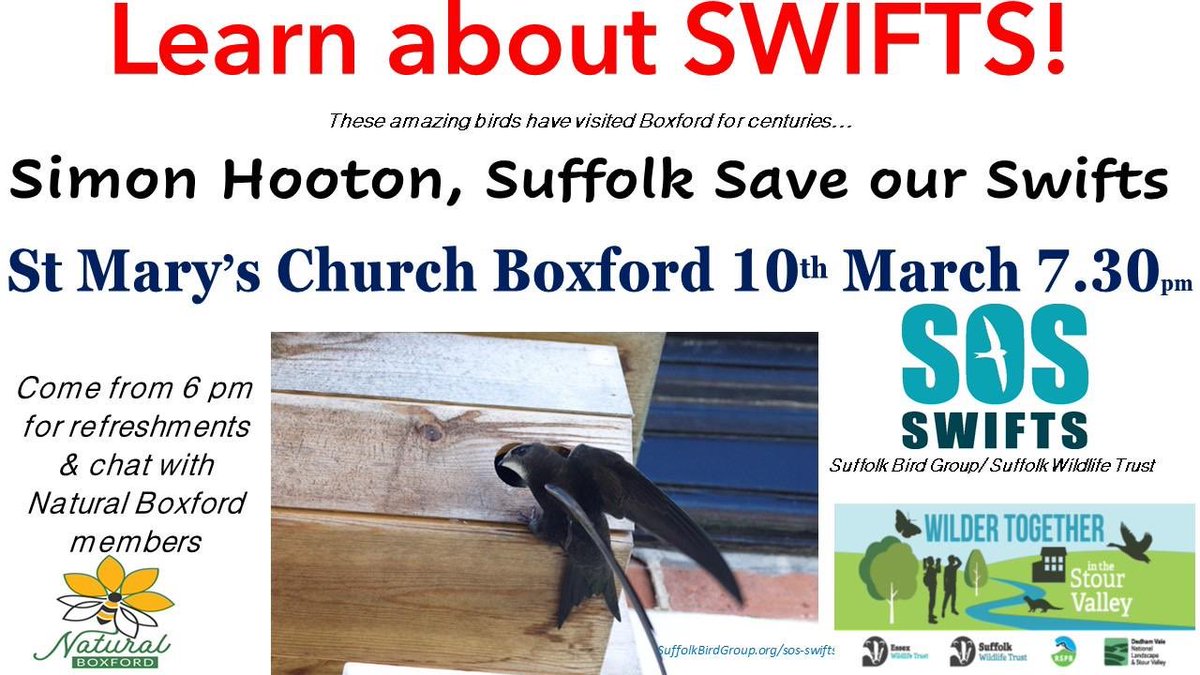 Save Our Suffolk Swifts have a talk tomorrow evening in Boxford. Learn about Swifts, their plight and how easy their conservation is. <a href="/suffolkwildlife/">SuffolkWildlifeTrust</a> <a href="/SuffolkBirdGrp/">Suffolk Bird Group</a>