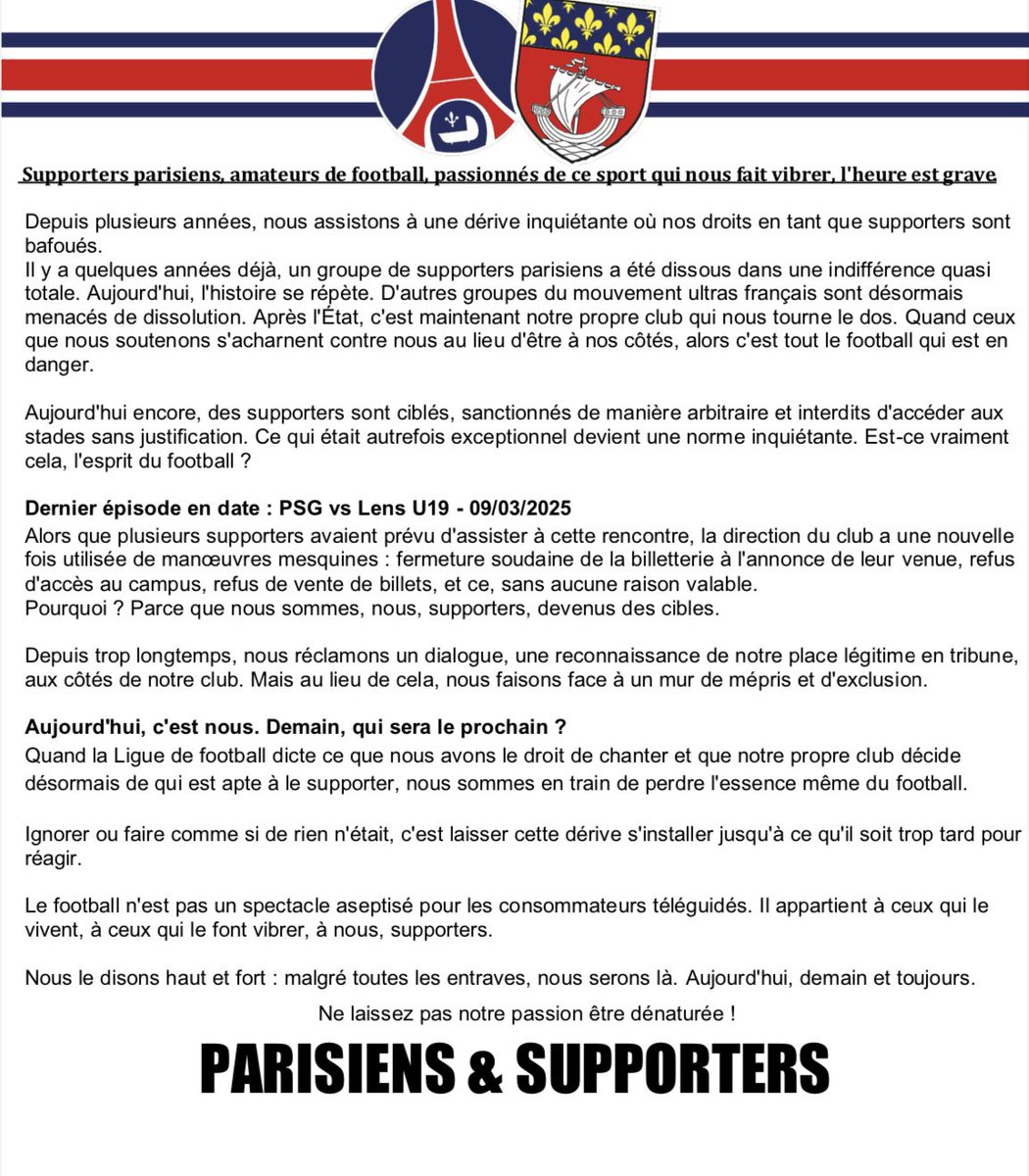sparisiens1970's tweet image. PSG-LENS U19 09/03

NOTRE PLACE EST EN TRIBUNE, PAS DEHORS 

@PSG_inside @HananeLaqraa