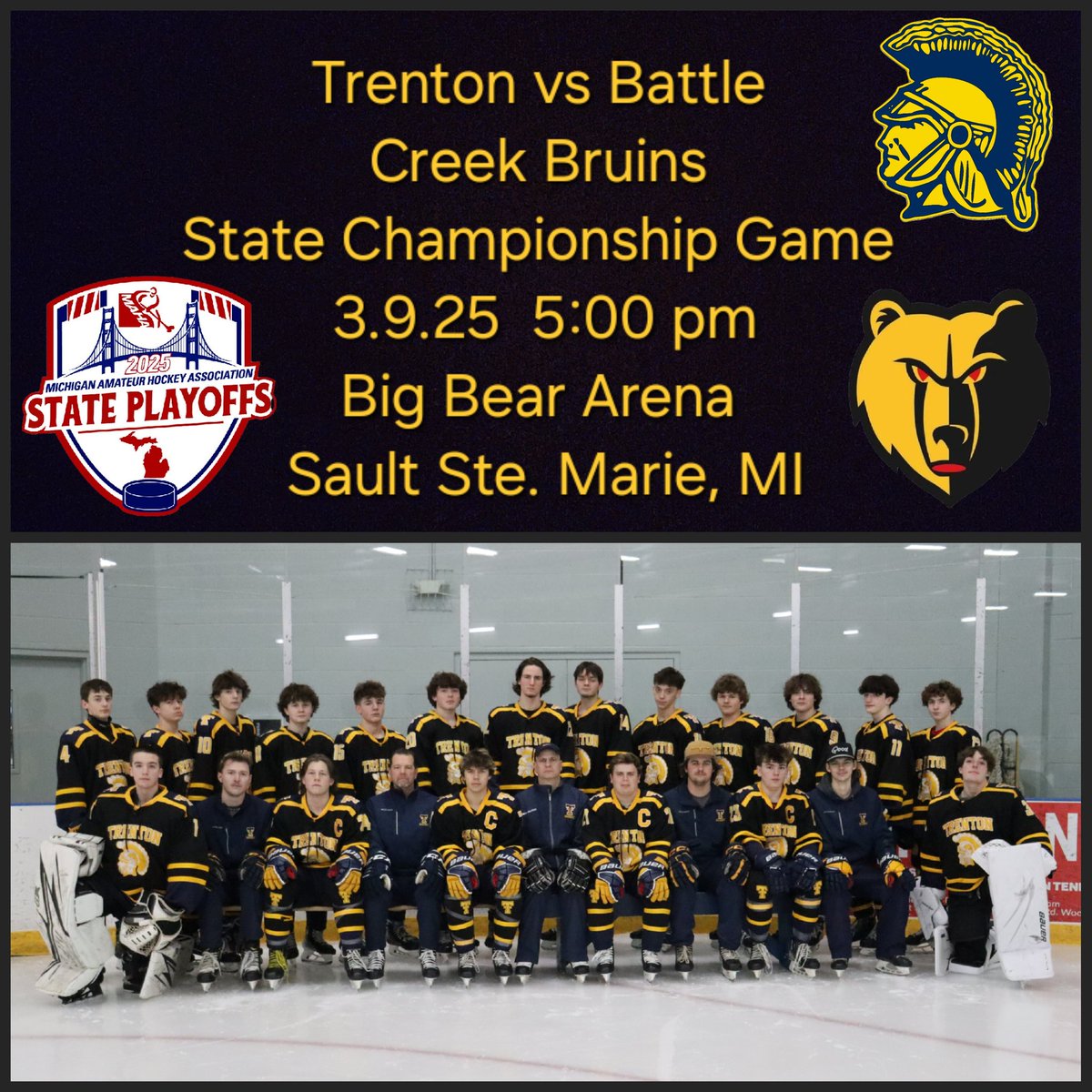 Our Trenton Trojans are ready for the State Championship Game of the MAHA State Finals. ARE YOU? 
It's a great day to be a Trojan! 

#hockey #highschoolhockey #roadtostates #TheRoadHasLeadHere #StateFinals #MAHAPlayoffs