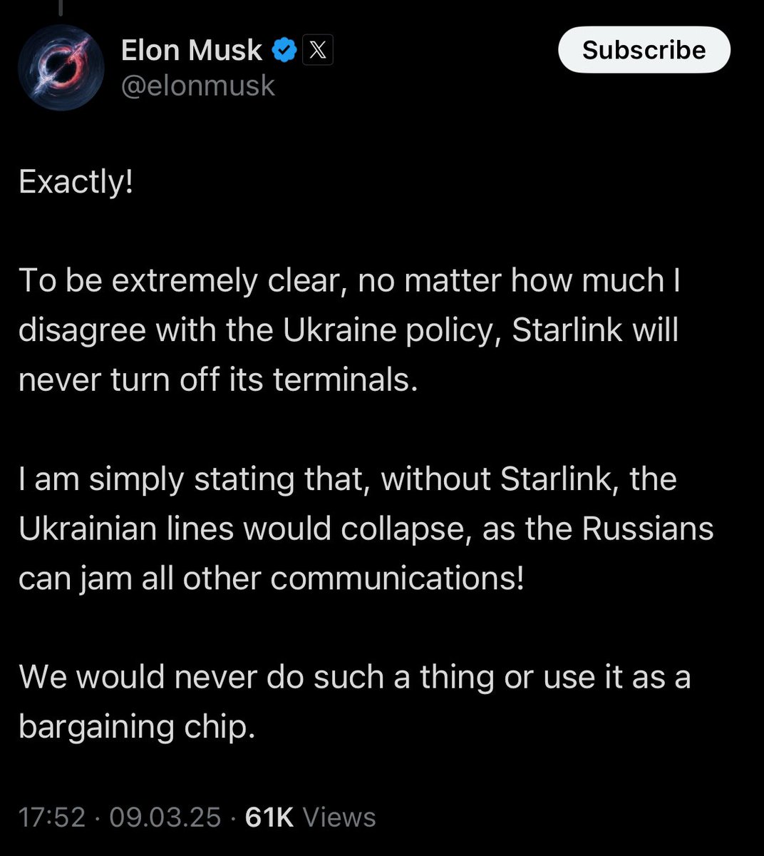 Tendar's tweet photo. Elon Musk is now claiming that „Starlink would never turn off its terminals“, nor be used as „bargaining chip“. https://t.co/DkVJWwdEst
