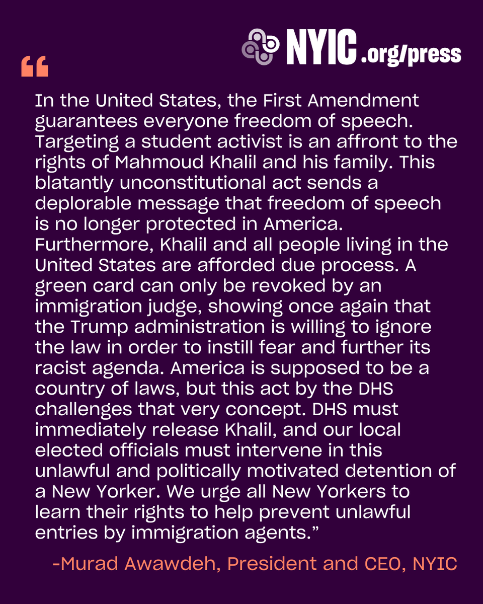 thenyic's tweet image. 🚨 DHS Must Immediately Release Columbia Student Activist 🚨

"This blatantly unconstitutional act sends a deplorable message that freedom of speech is no longer protected in America." @heyitsmurad

🔗 nyic.org/2025/03/dhs-mu…